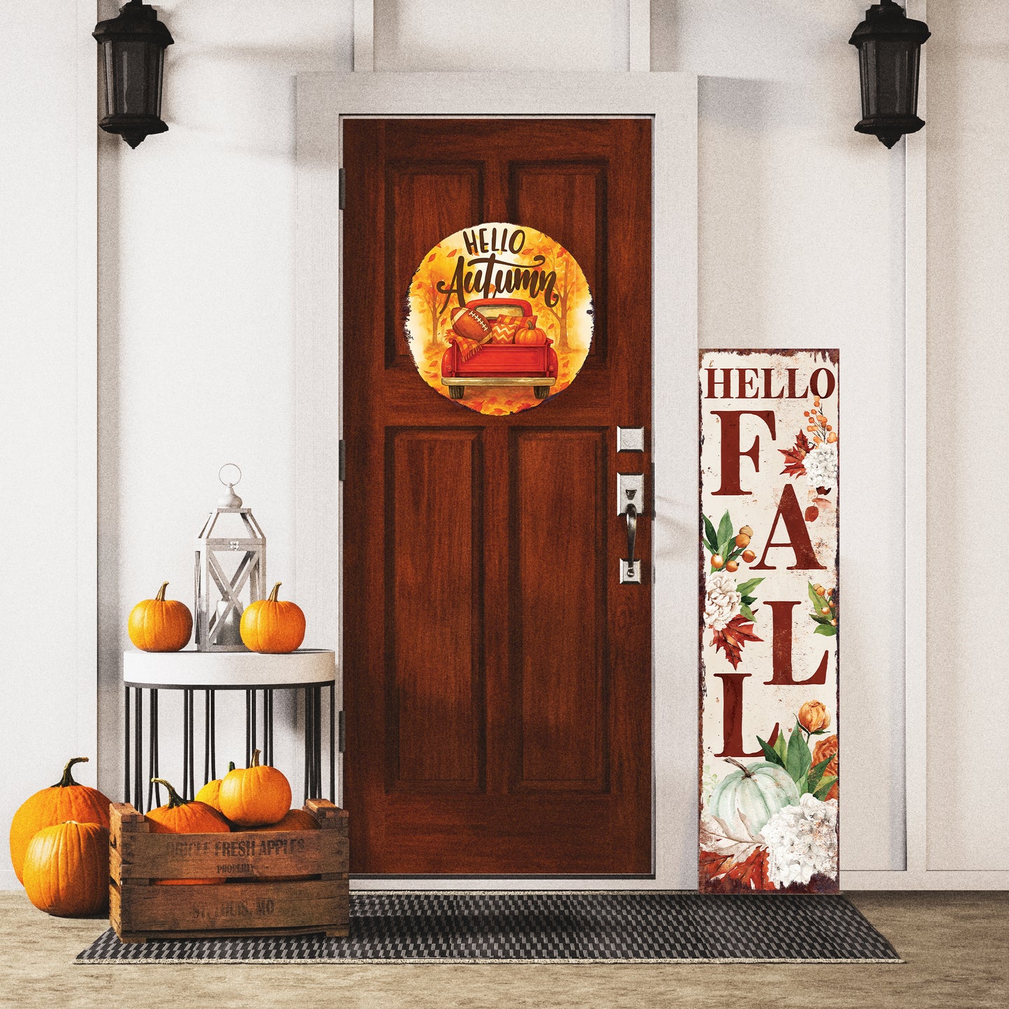 Hello Autumn Door Hanger – Round Wood Sign with Red Truck & Pumpkins, UV Print Fall Decor for Front Door or Wall, 12–16in