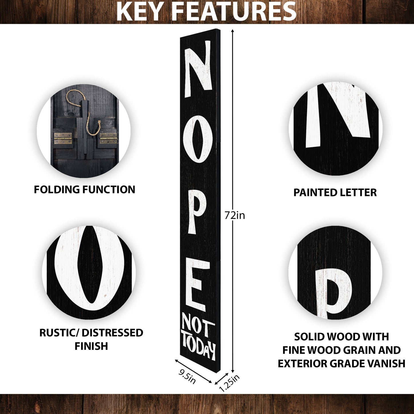 72-Inch Wooden "Nope, Not Today" Porch Sign for Front Door, Black Standing Porch Sign with Foldable Design