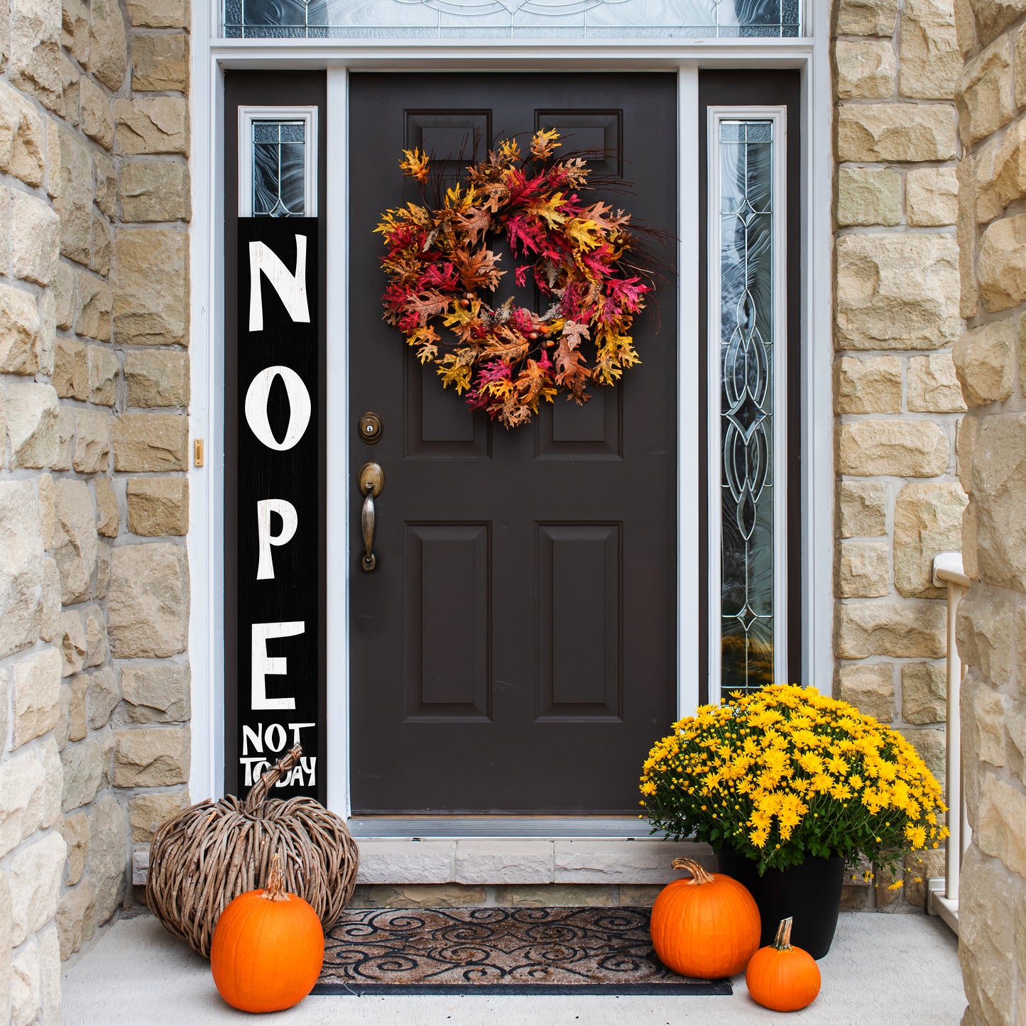 72-Inch Wooden "Nope, Not Today" Porch Sign for Front Door, Black Standing Porch Sign with Foldable Design