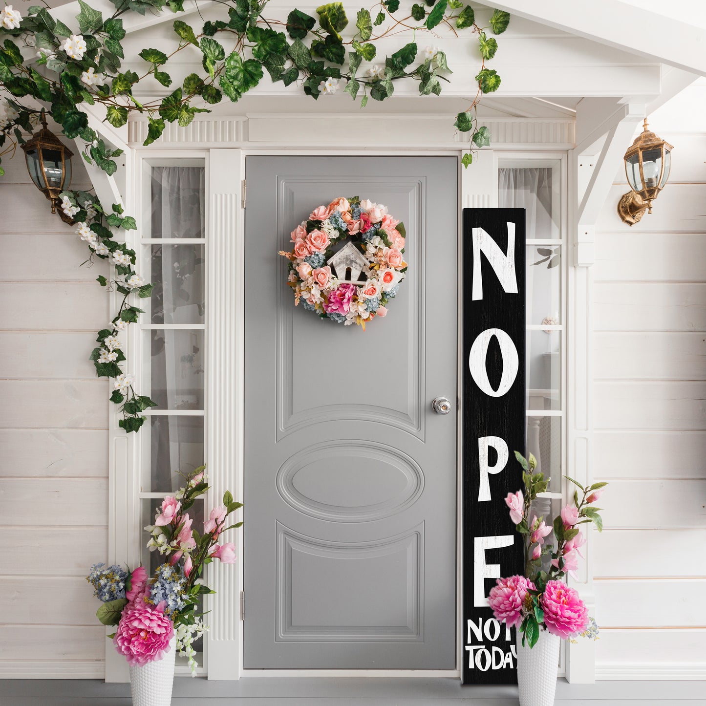 72-Inch Wooden "Nope, Not Today" Porch Sign for Front Door, Black Standing Porch Sign with Foldable Design