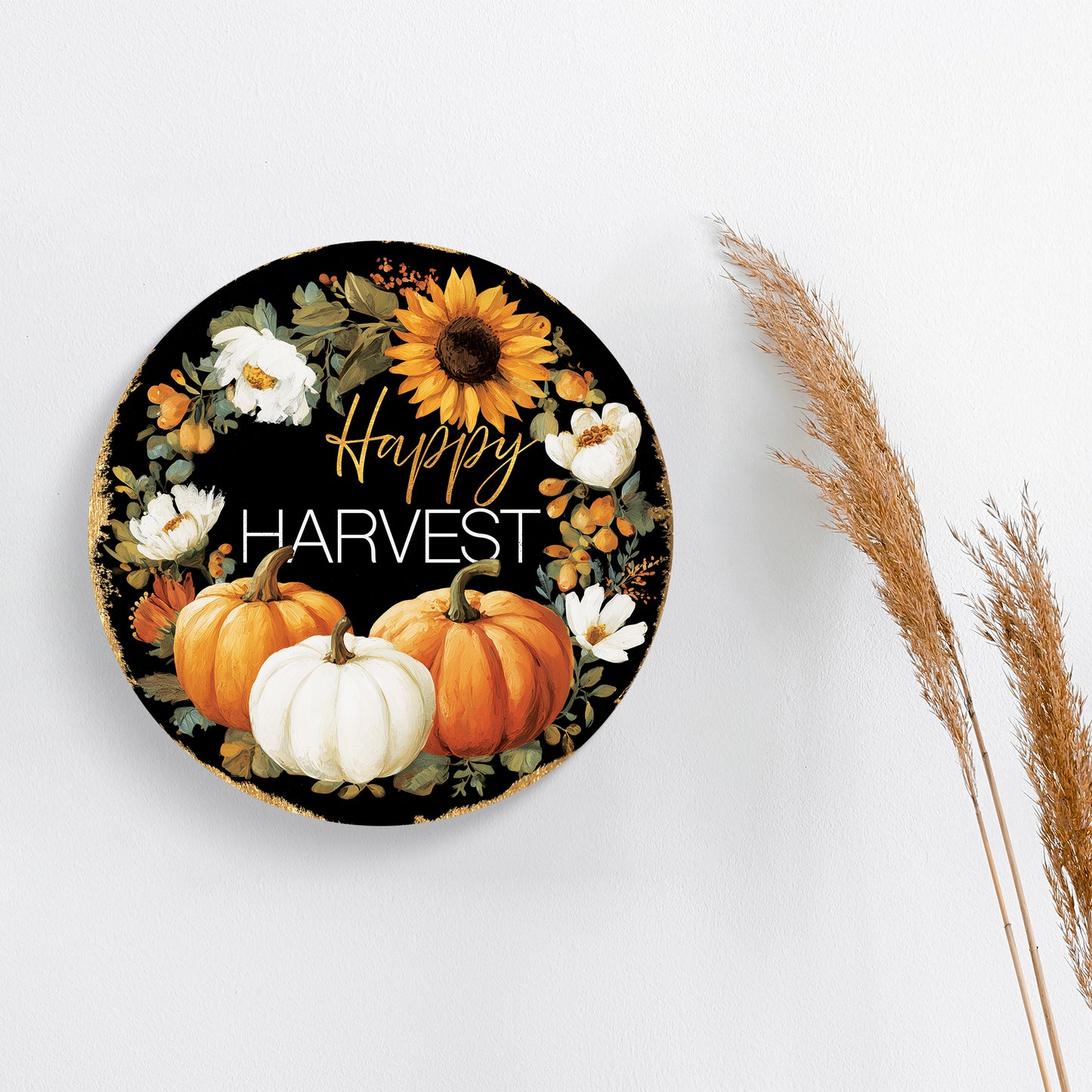 Happy Harvest Door Hanger – Round Wood Sign with Pumpkins & Sunflowers, UV Print for Front Door or Wall Decor, 12–16in