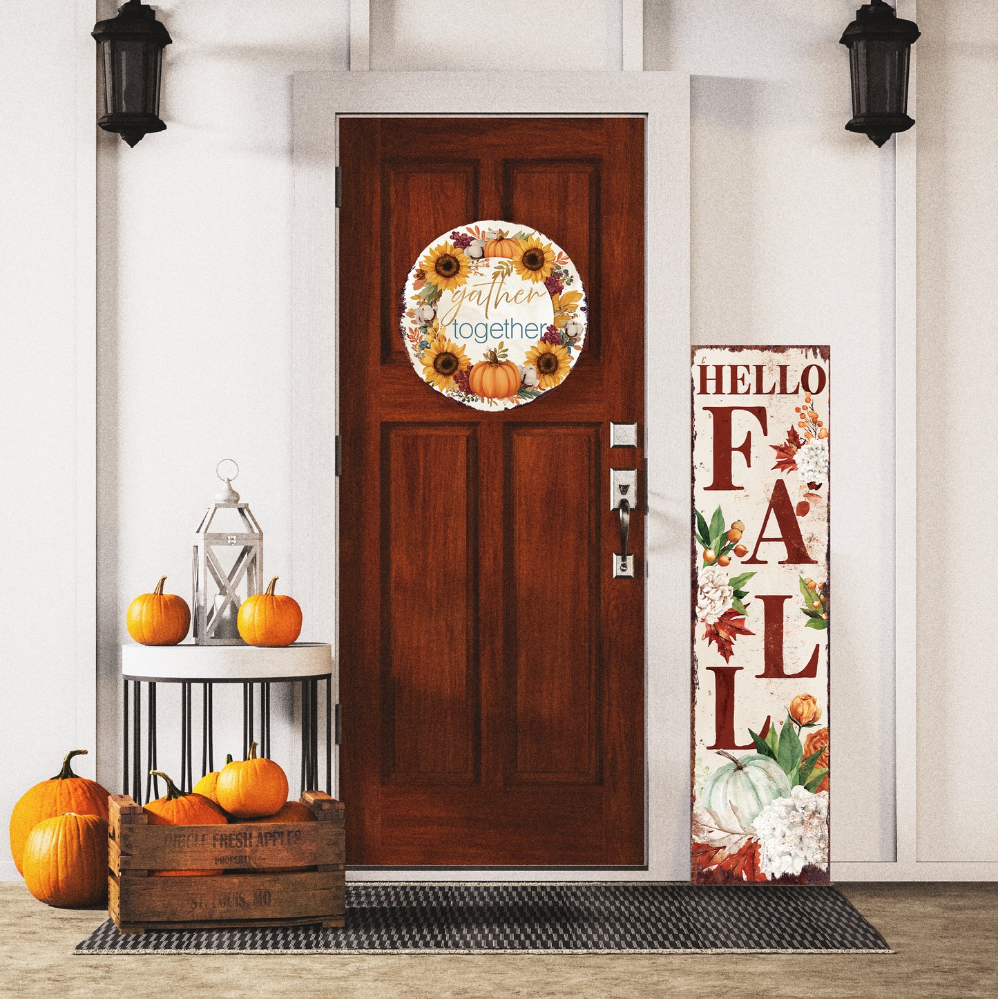 Gather Together Door Hanger – Round 12–16in Wood Sign with UV Print, Sunflower & Pumpkin Fall Decor for Front Door