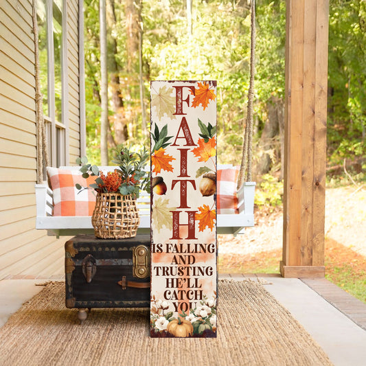 Faith Fall Porch Sign – Christian Outdoor Decor, UV Printed Vertical Wood Board, 36–72in Autumn Scripture Display