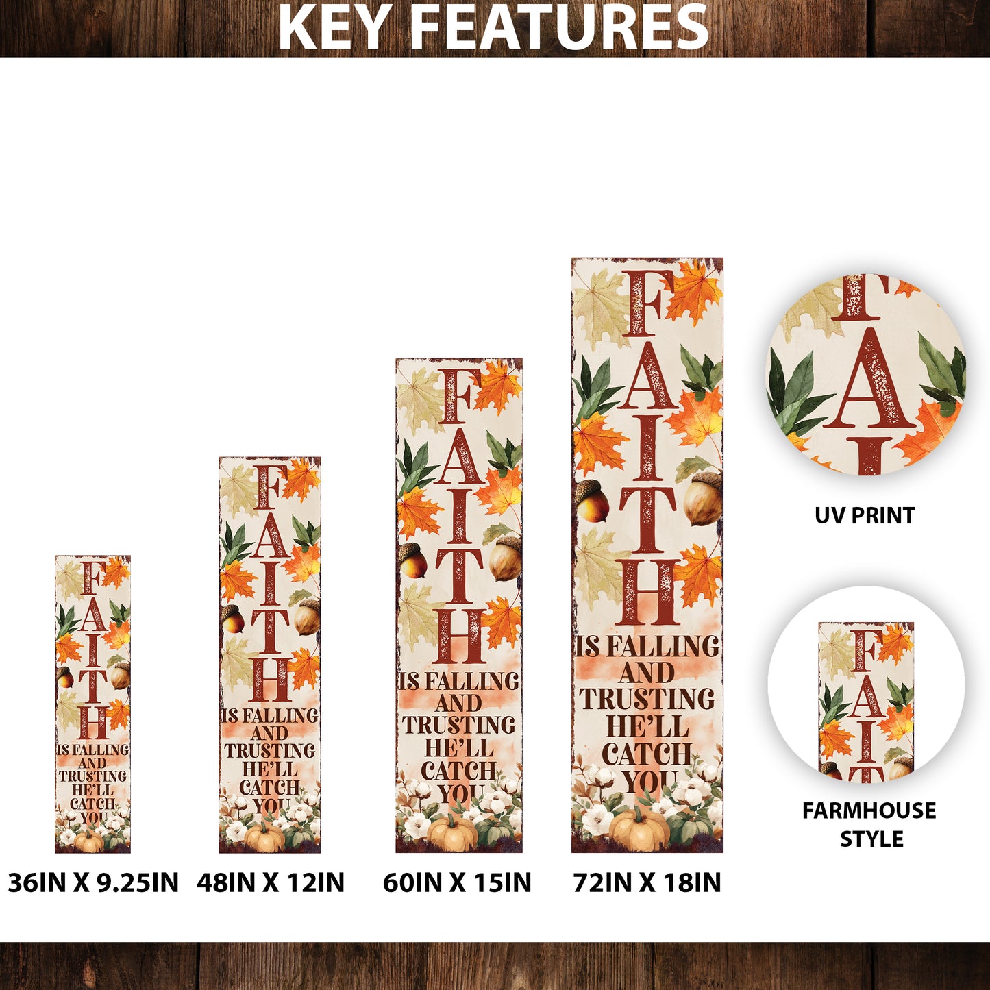 Faith Fall Porch Sign – Christian Outdoor Decor, UV Printed Vertical Wood Board, 36–72in Autumn Scripture Display