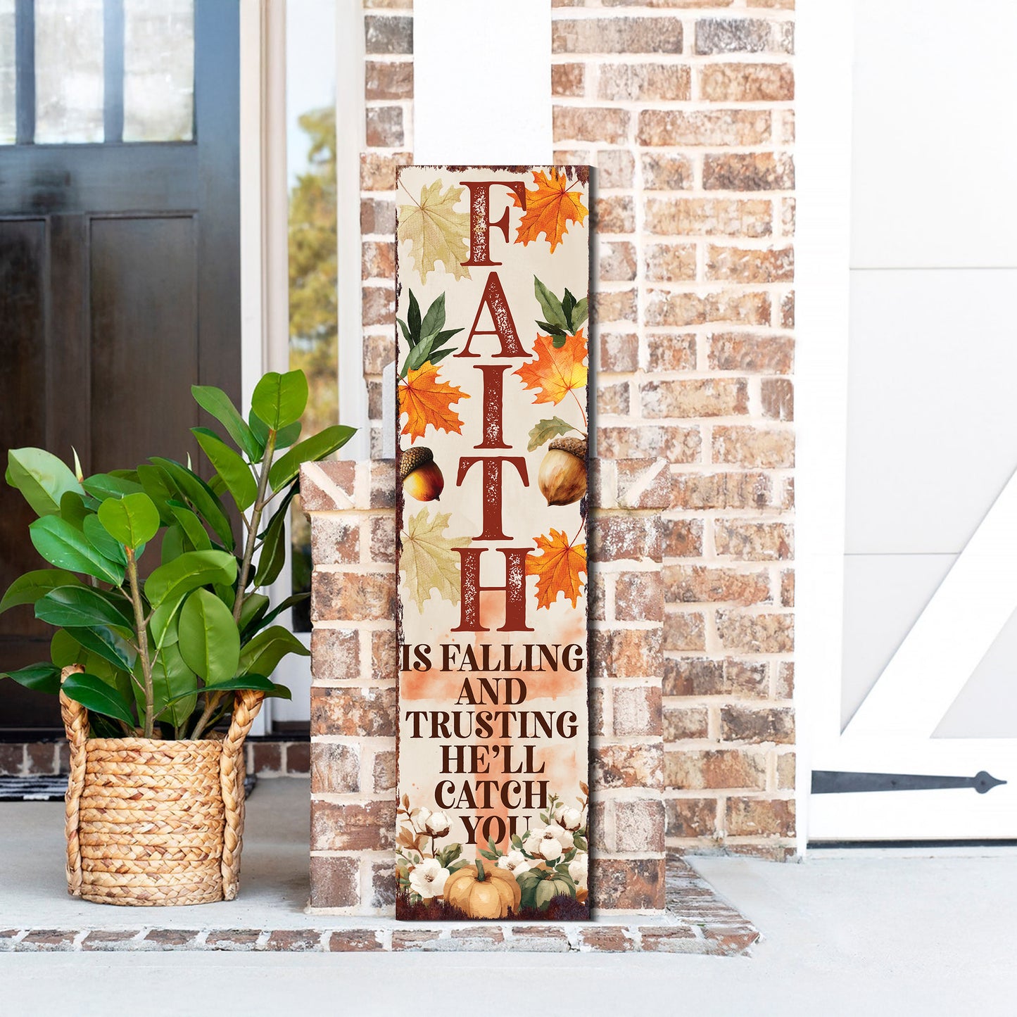 Faith Fall Porch Sign – Christian Outdoor Decor, UV Printed Vertical Wood Board, 36–72in Autumn Scripture Display