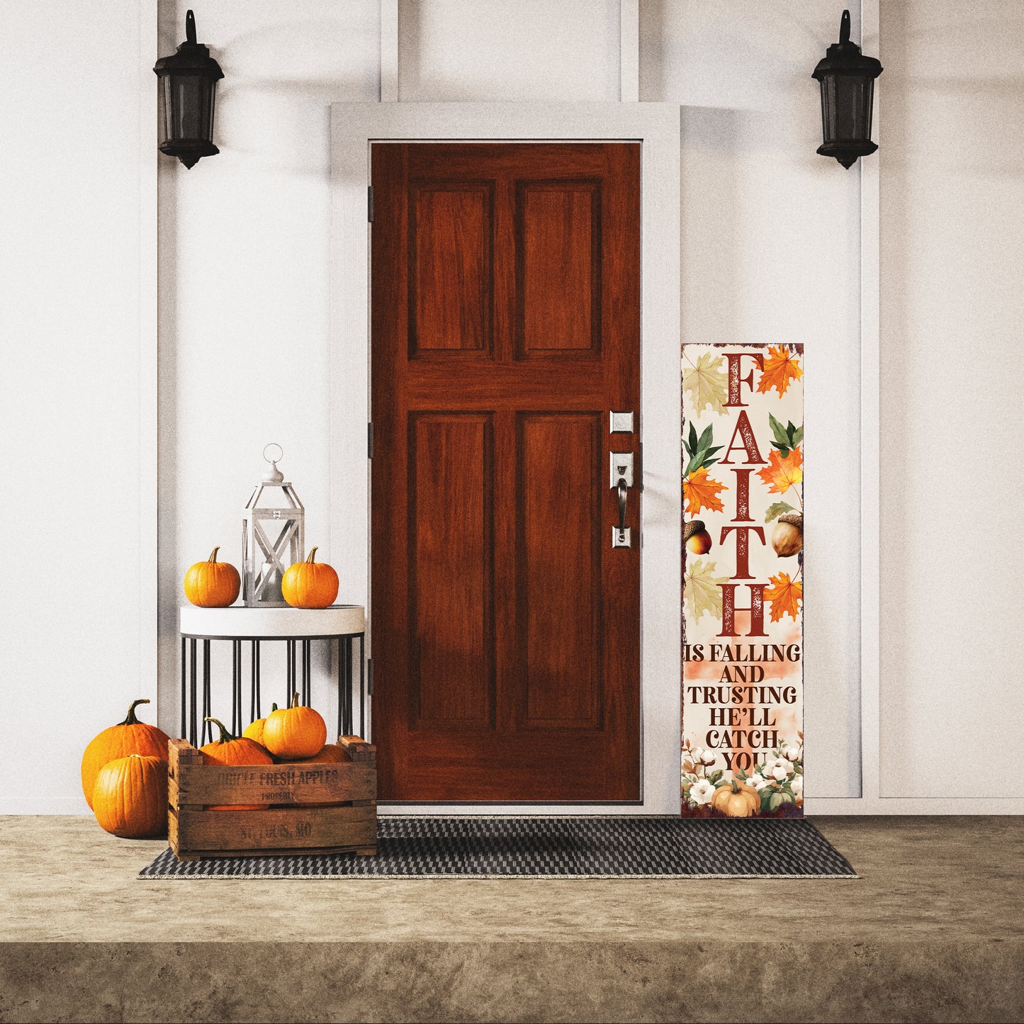 Faith Fall Porch Sign – Christian Outdoor Decor, UV Printed Vertical Wood Board, 36–72in Autumn Scripture Display