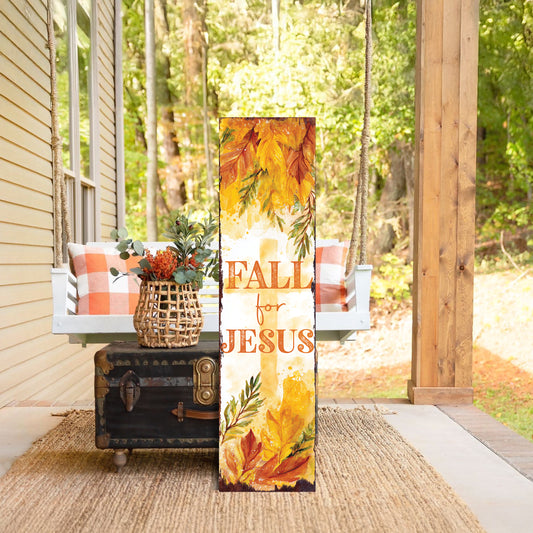 Fall for Jesus Vertical Porch Sign – Christian Autumn Outdoor Decor, UV Printed, Farmhouse Style, 36–72in Wood Board
