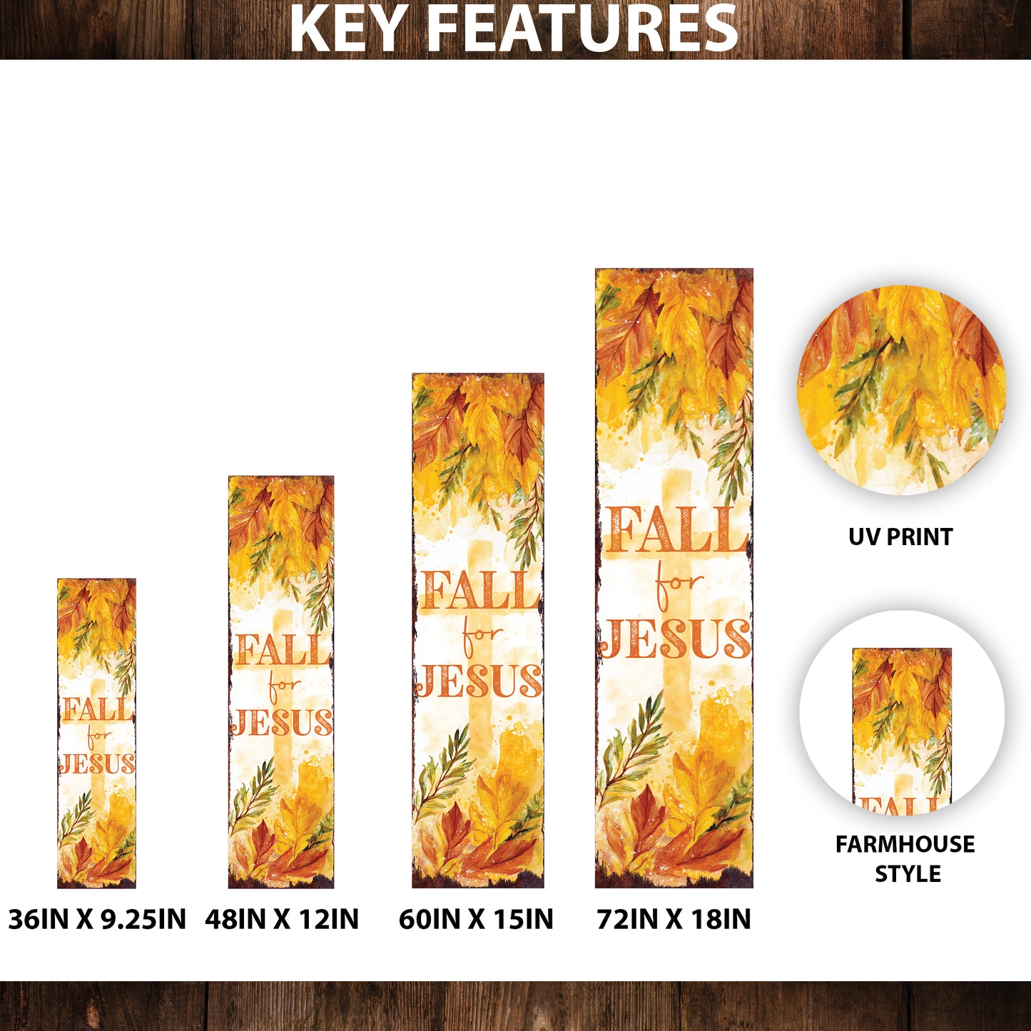 Fall for Jesus Vertical Porch Sign – Christian Autumn Outdoor Decor, UV Printed, Farmhouse Style, 36–72in Wood Board