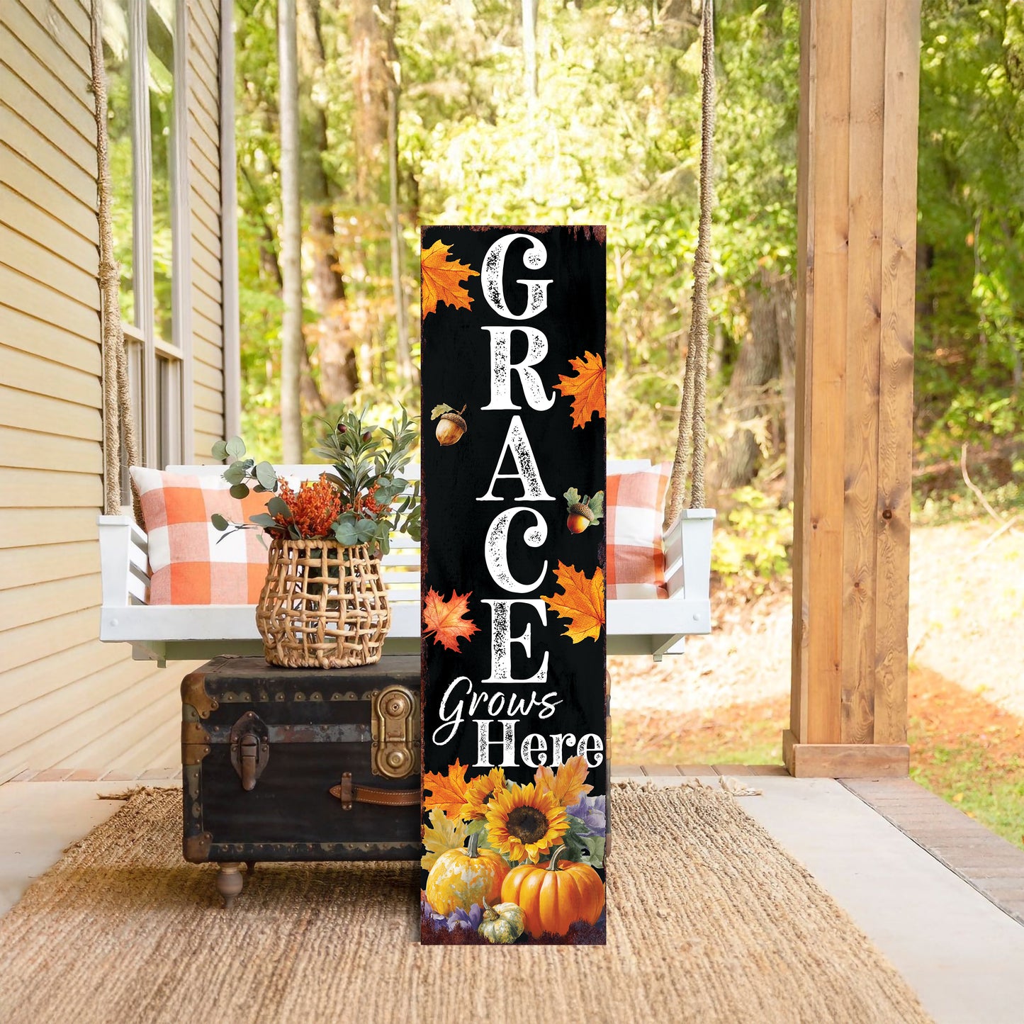 Grace Grows Here Porch Sign – Fall Christian Vertical Board, UV Printed Rustic Decor, Farmhouse Style, 36–72in Sizes
