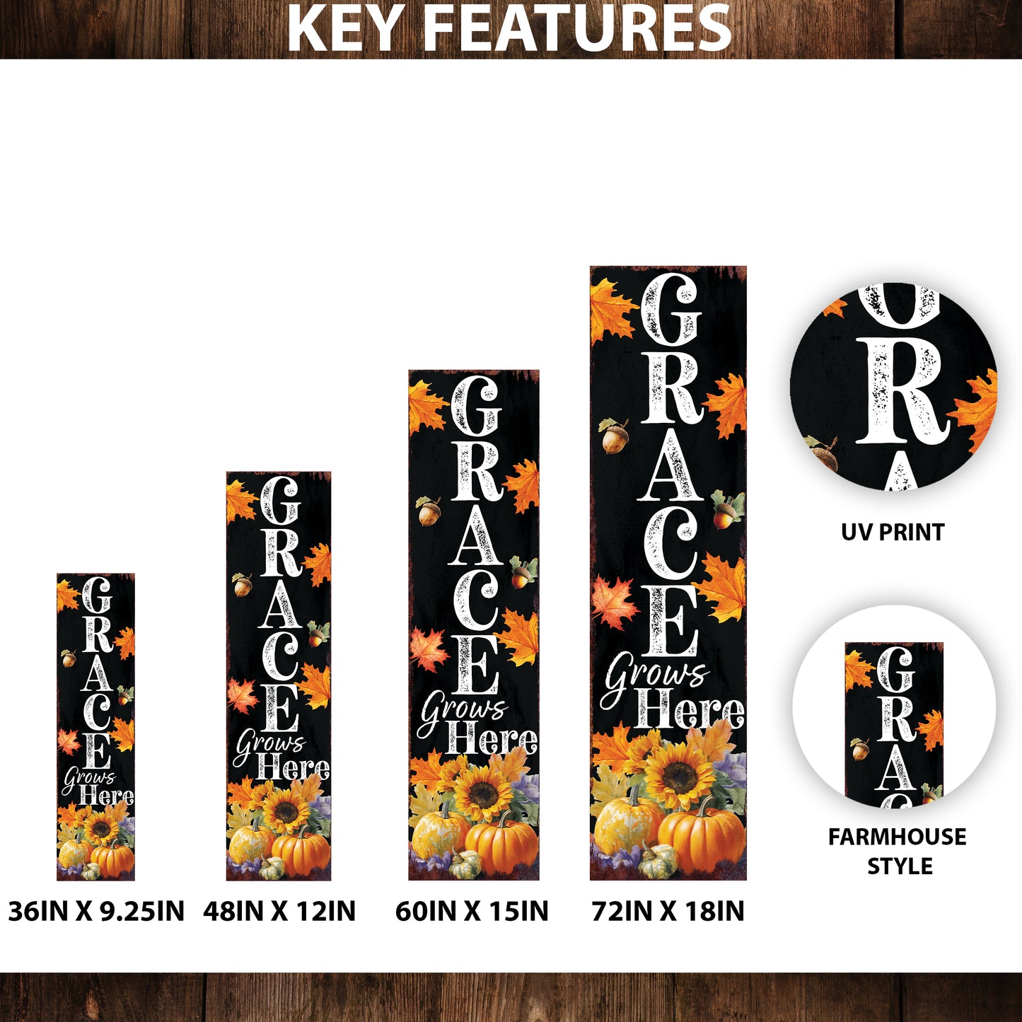 Grace Grows Here Porch Sign – Fall Christian Vertical Board, UV Printed Rustic Decor, Farmhouse Style, 36–72in Sizes