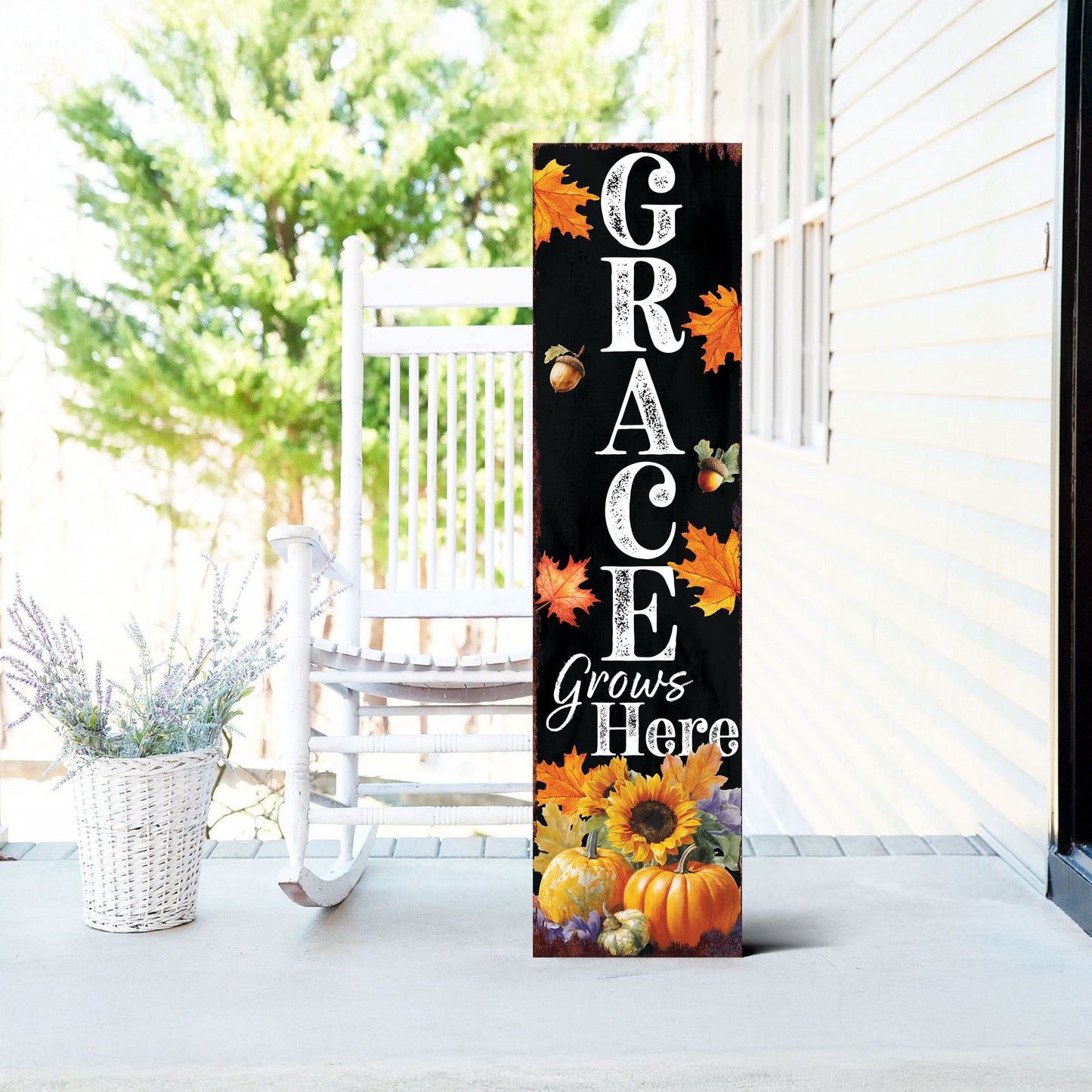Grace Grows Here Porch Sign – Fall Christian Vertical Board, UV Printed Rustic Decor, Farmhouse Style, 36–72in Sizes
