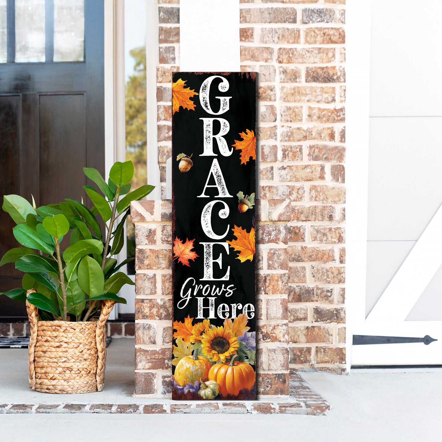 Grace Grows Here Porch Sign – Fall Christian Vertical Board, UV Printed Rustic Decor, Farmhouse Style, 36–72in Sizes