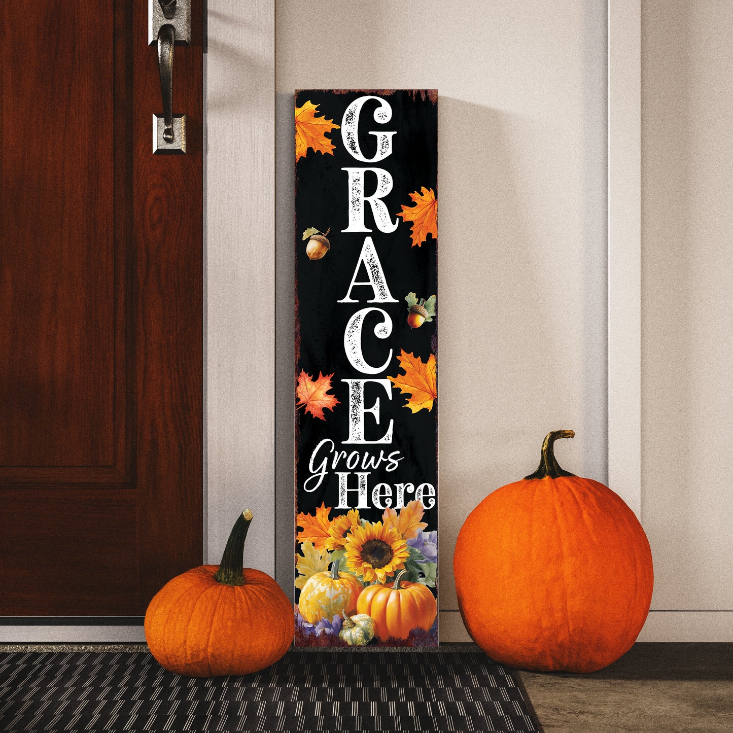 Grace Grows Here Porch Sign – Fall Christian Vertical Board, UV Printed Rustic Decor, Farmhouse Style, 36–72in Sizes