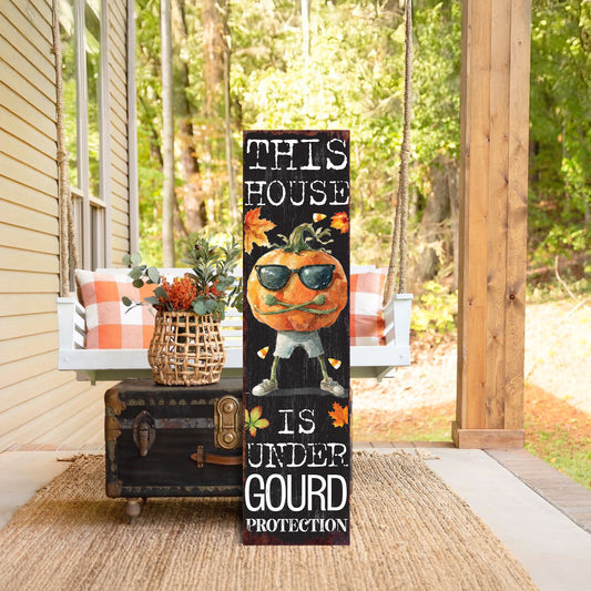 This House Is Under Gourd Protection Halloween Porch Sign – Funny Fall Front Porch Decor with Pumpkin & Sunglasses UV Print