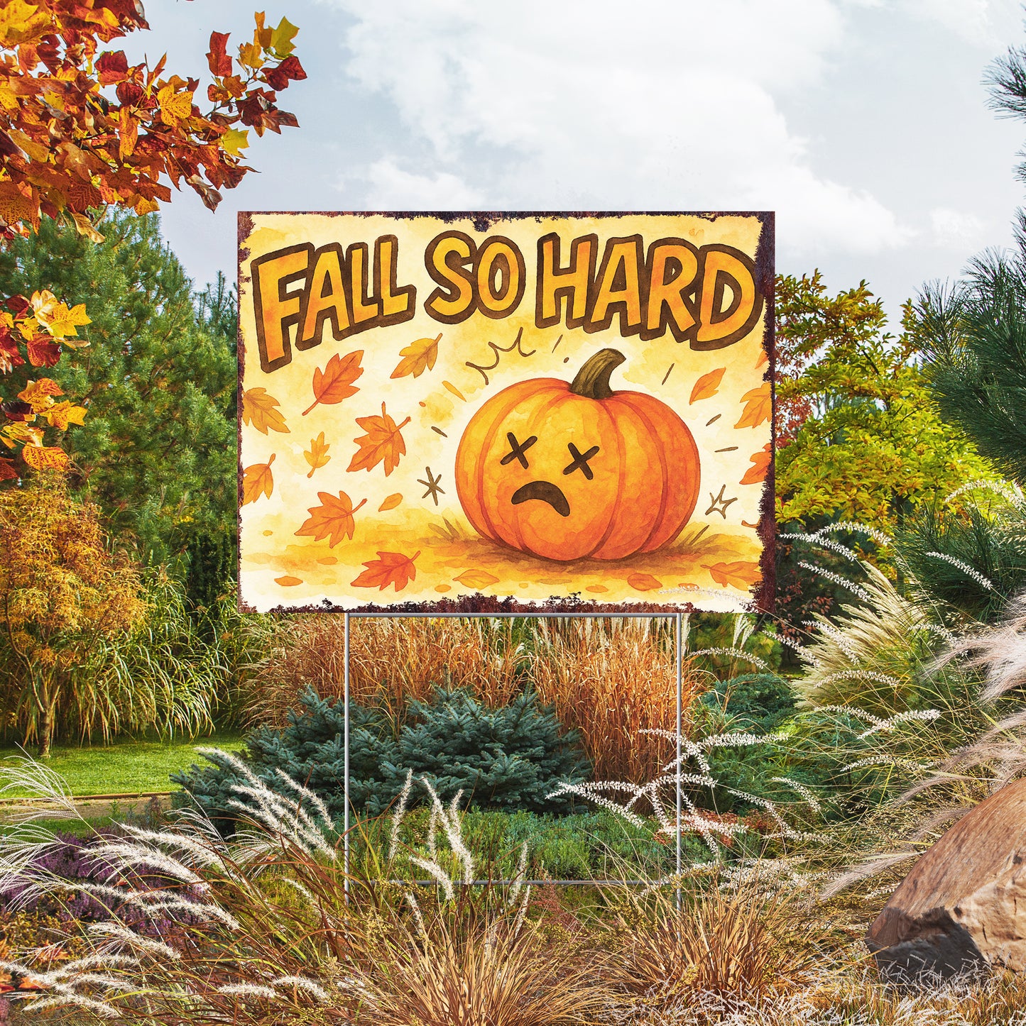 Fall So Hard Garden Sign – Funny Fall Yard Decor with Pumpkin Graphic – UV Print Waterproof Corrugated Plastic Stake