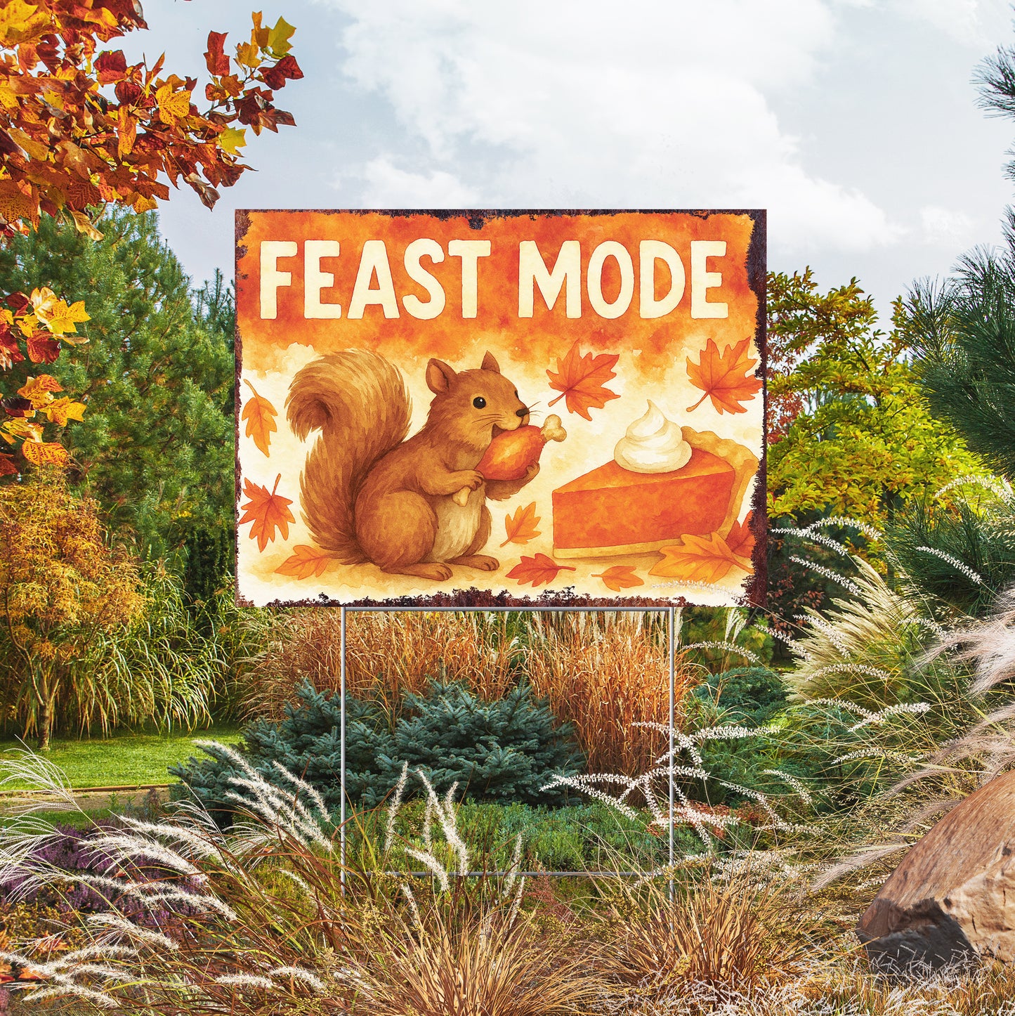 Feast Mode Garden Sign – Funny Fall Yard Decor with Squirrel – UV Print Waterproof Corrugated Plastic Lawn Stake