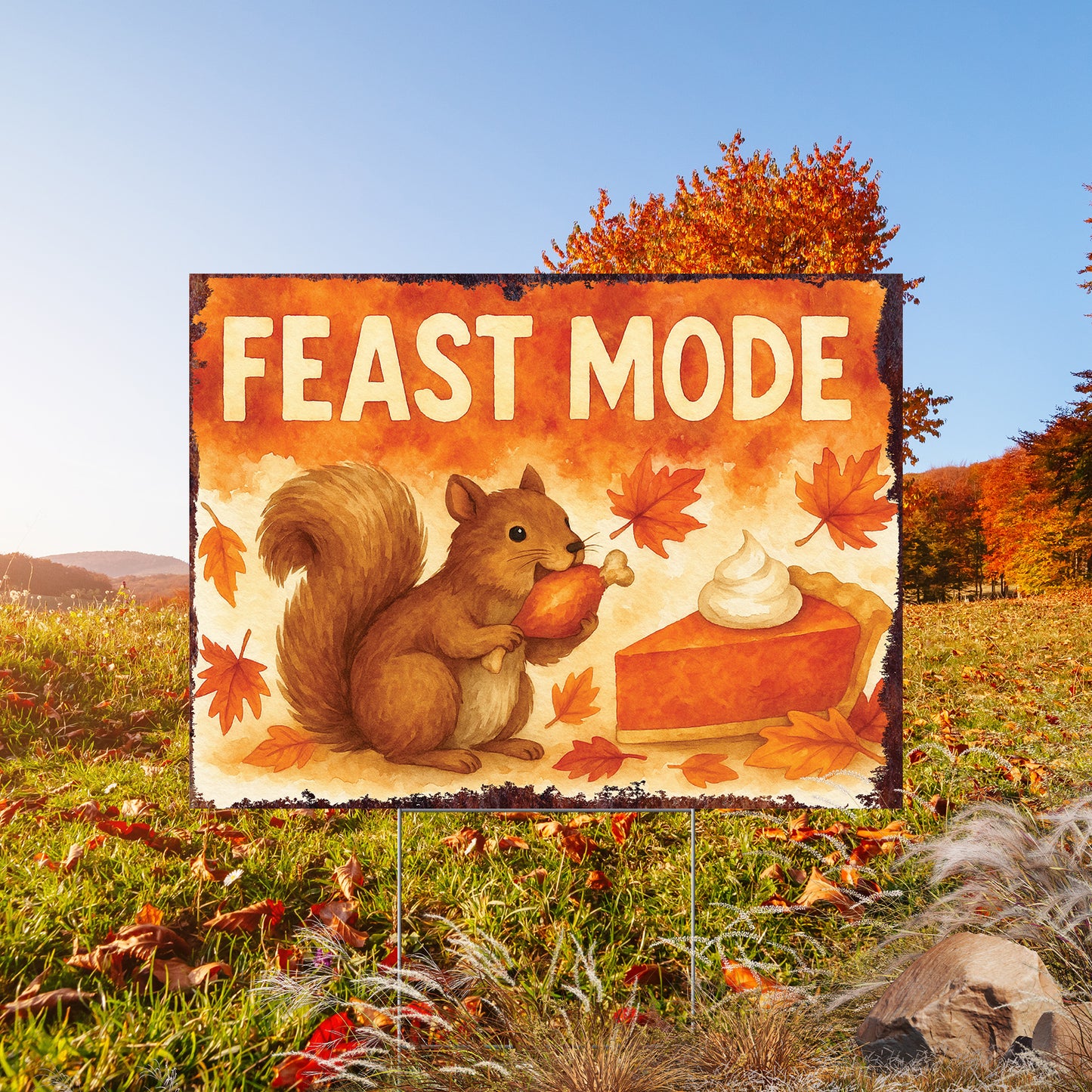 Feast Mode Garden Sign – Funny Fall Yard Decor with Squirrel – UV Print Waterproof Corrugated Plastic Lawn Stake