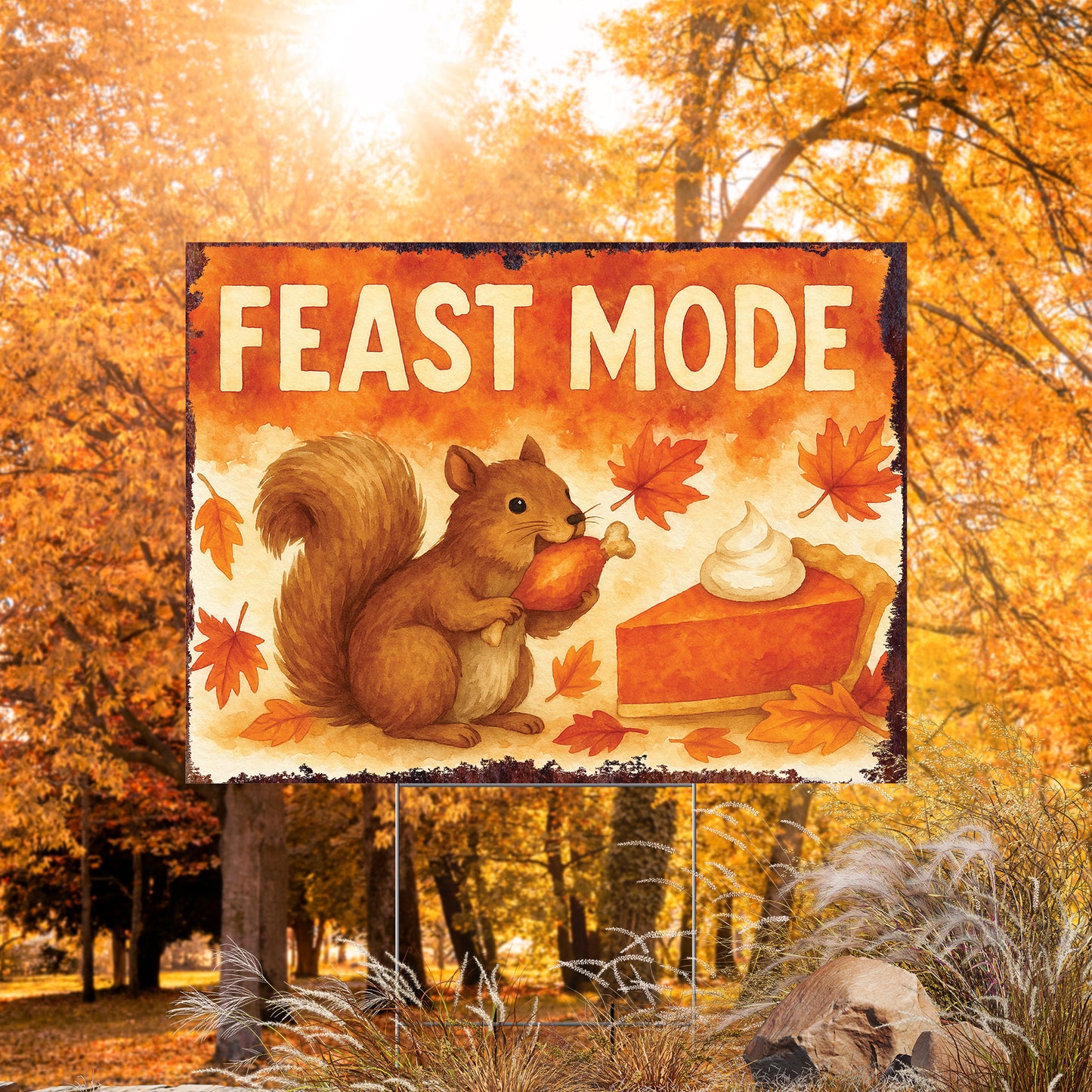 Feast Mode Garden Sign – Funny Fall Yard Decor with Squirrel – UV Print Waterproof Corrugated Plastic Lawn Stake