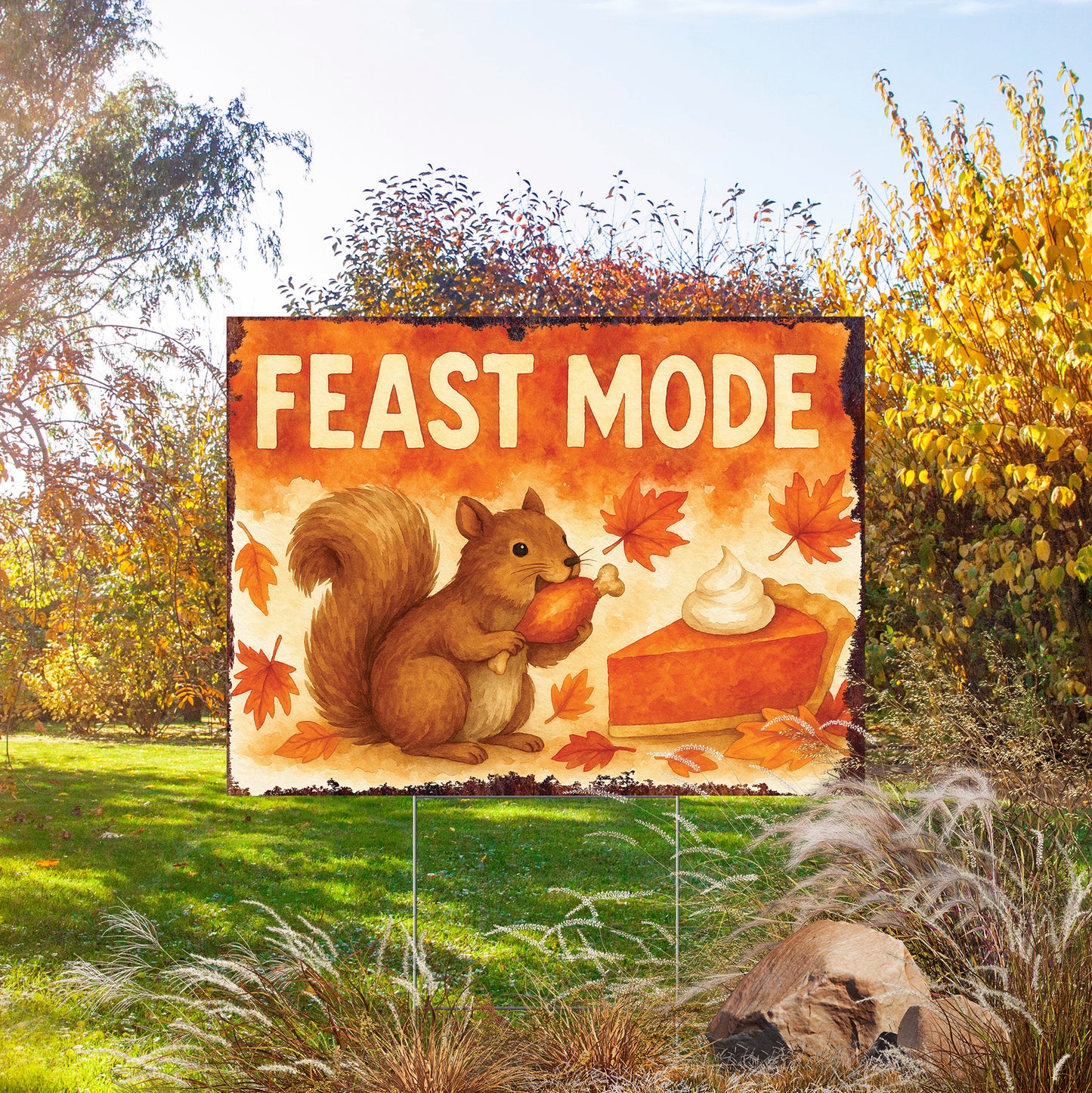 Feast Mode Garden Sign – Funny Fall Yard Decor with Squirrel – UV Print Waterproof Corrugated Plastic Lawn Stake