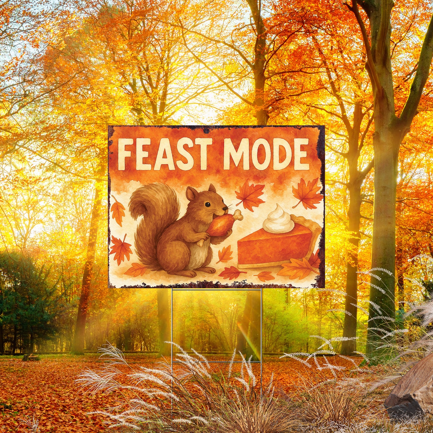 Feast Mode Garden Sign – Funny Fall Yard Decor with Squirrel – UV Print Waterproof Corrugated Plastic Lawn Stake