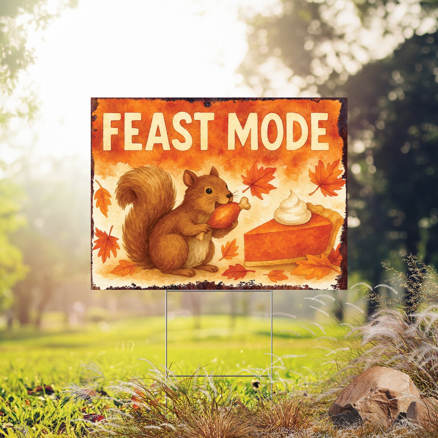 Feast Mode Garden Sign – Funny Fall Yard Decor with Squirrel – UV Print Waterproof Corrugated Plastic Lawn Stake