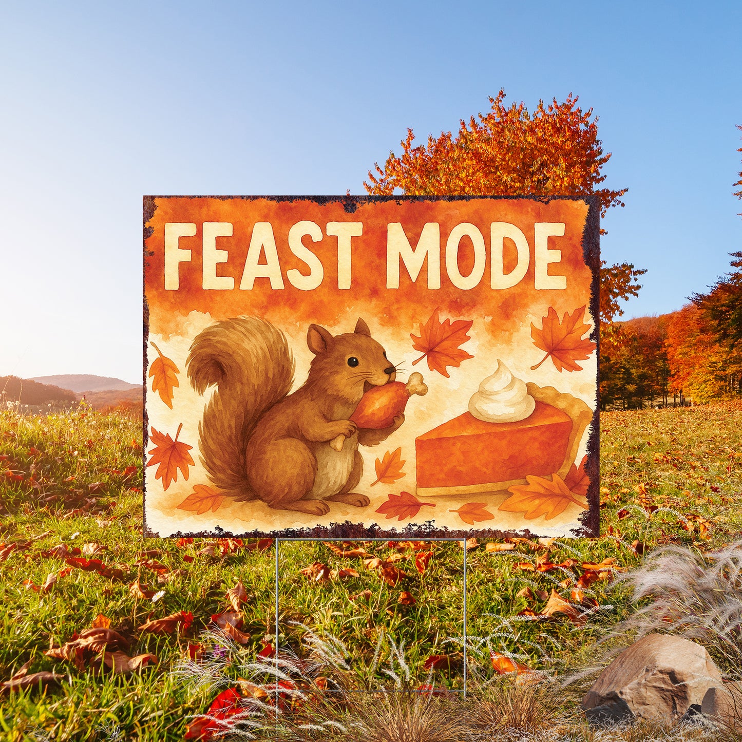 Feast Mode Garden Sign – Funny Fall Yard Decor with Squirrel – UV Print Waterproof Corrugated Plastic Lawn Stake