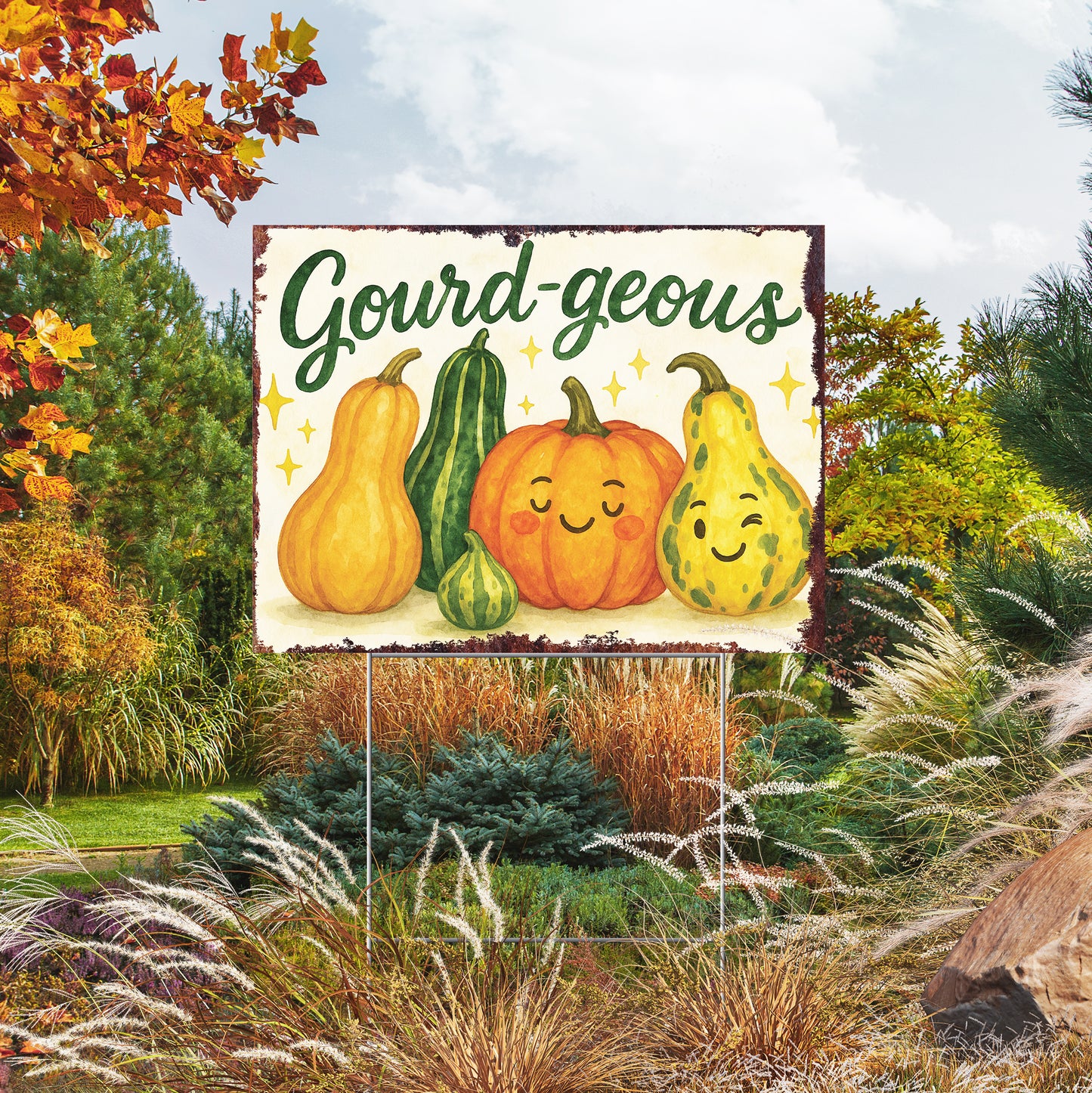 Gourd-geous Garden Sign – Funny Fall Yard Decor – UV Print Waterproof Corrugated Plastic Lawn Stake for Autumn