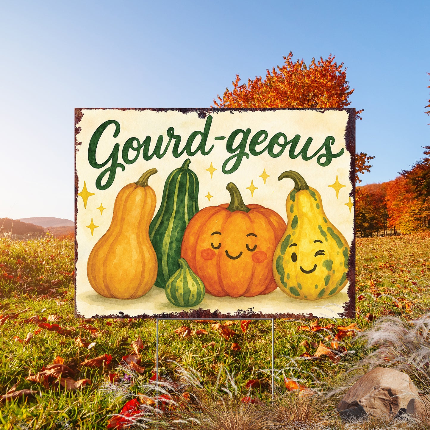 Gourd-geous Garden Sign – Funny Fall Yard Decor – UV Print Waterproof Corrugated Plastic Lawn Stake for Autumn