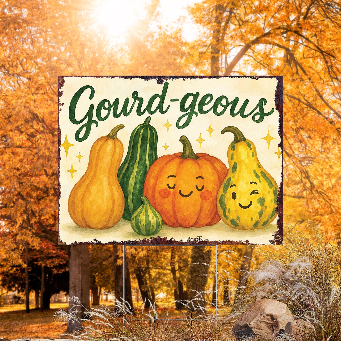 Gourd-geous Garden Sign – Funny Fall Yard Decor – UV Print Waterproof Corrugated Plastic Lawn Stake for Autumn