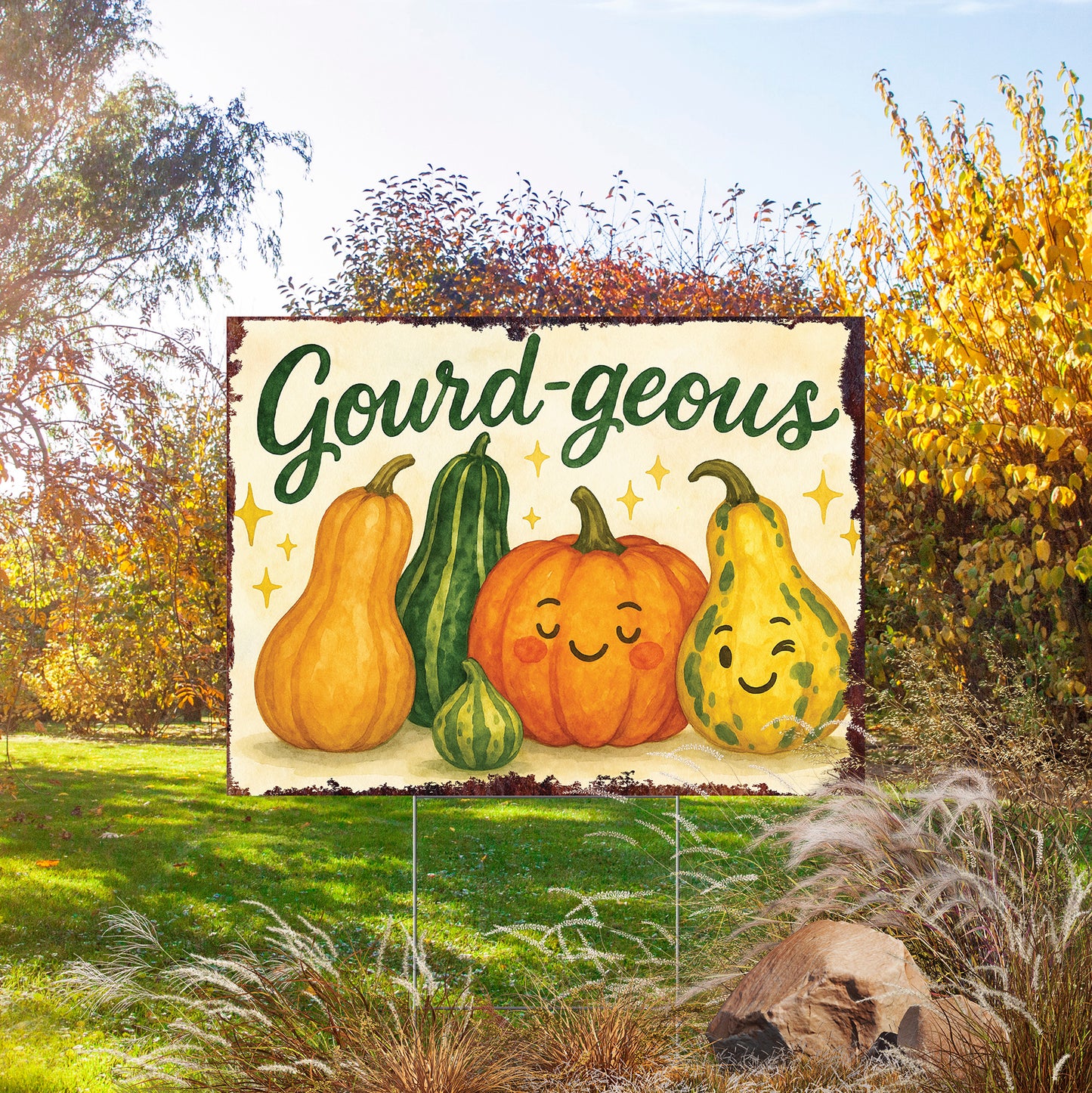 Gourd-geous Garden Sign – Funny Fall Yard Decor – UV Print Waterproof Corrugated Plastic Lawn Stake for Autumn