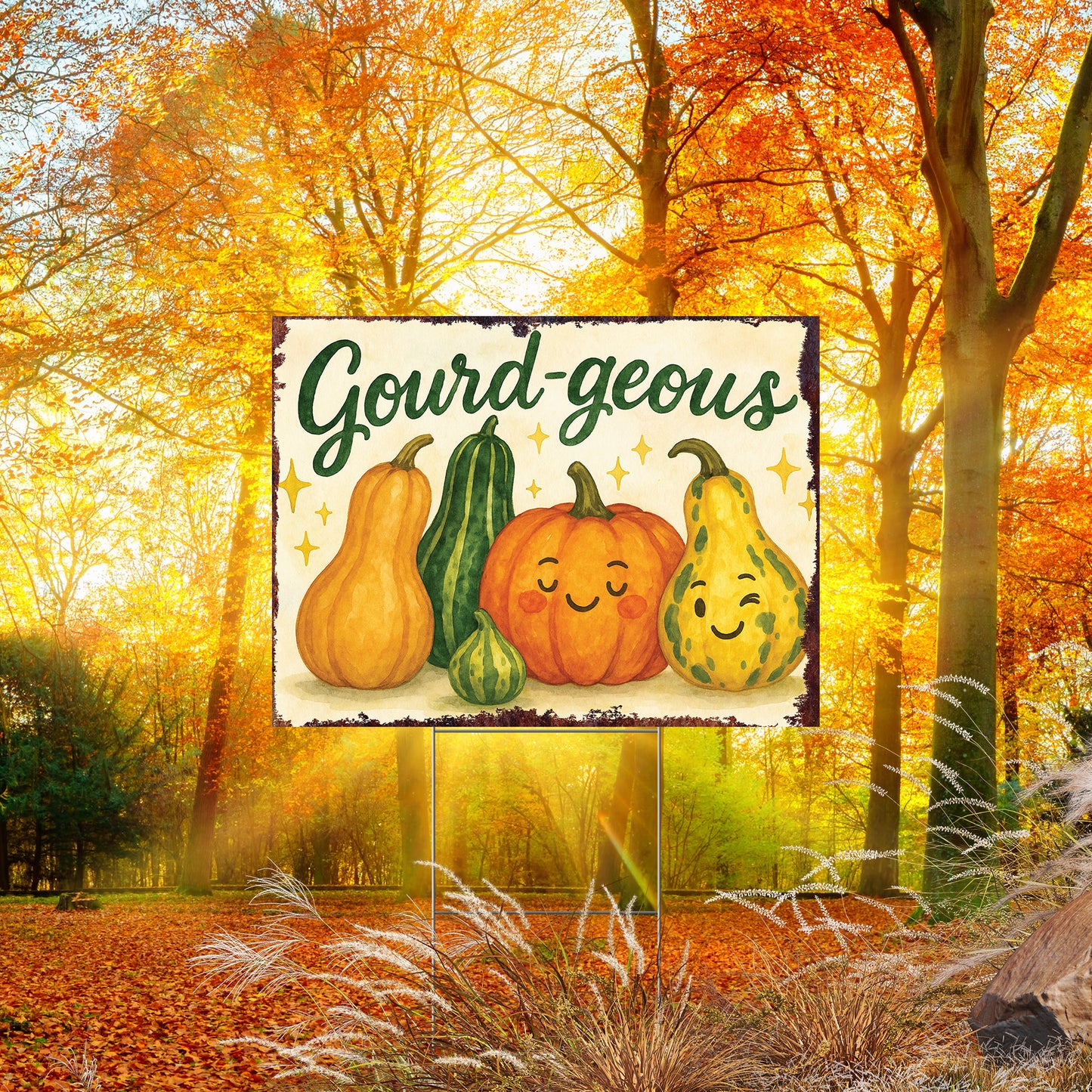Gourd-geous Garden Sign – Funny Fall Yard Decor – UV Print Waterproof Corrugated Plastic Lawn Stake for Autumn