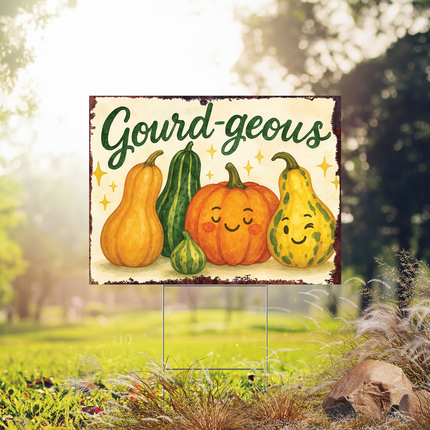 Gourd-geous Garden Sign – Funny Fall Yard Decor – UV Print Waterproof Corrugated Plastic Lawn Stake for Autumn