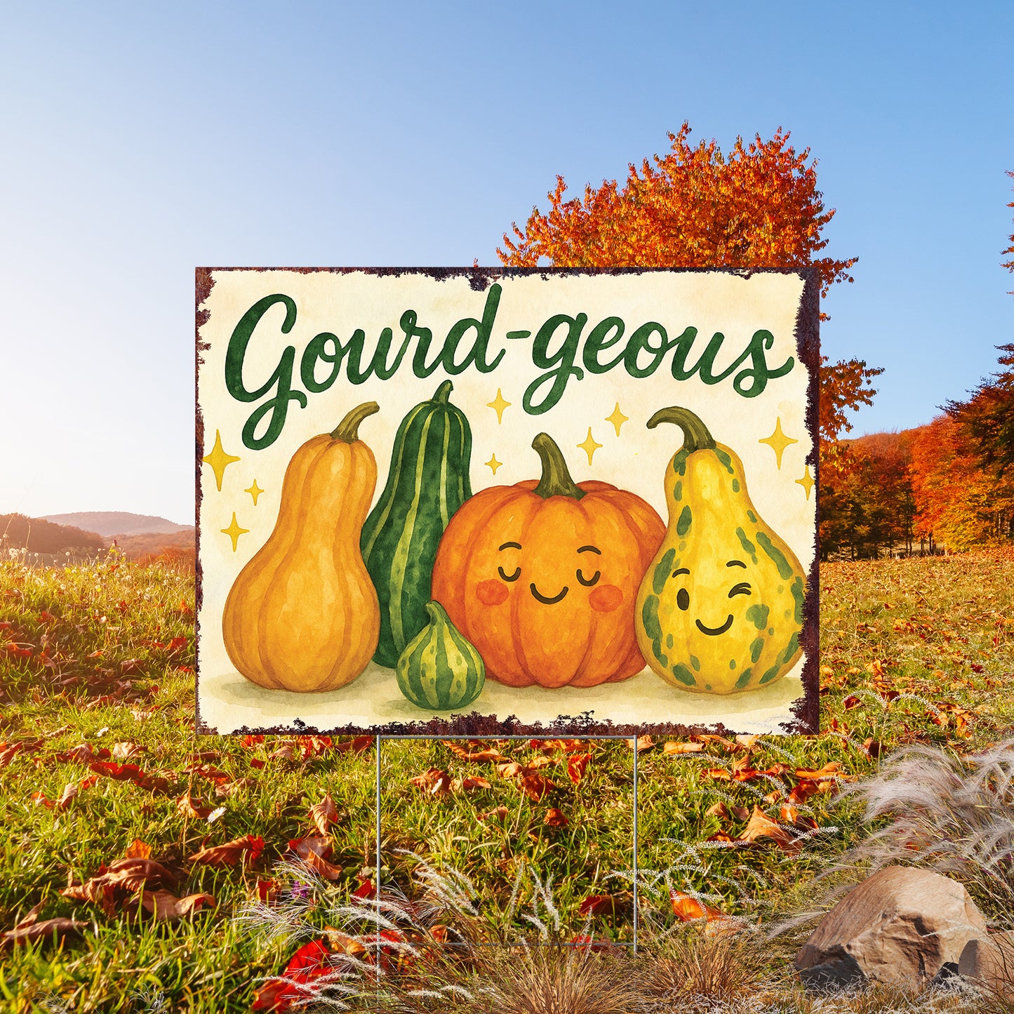 Gourd-geous Garden Sign – Funny Fall Yard Decor – UV Print Waterproof Corrugated Plastic Lawn Stake for Autumn