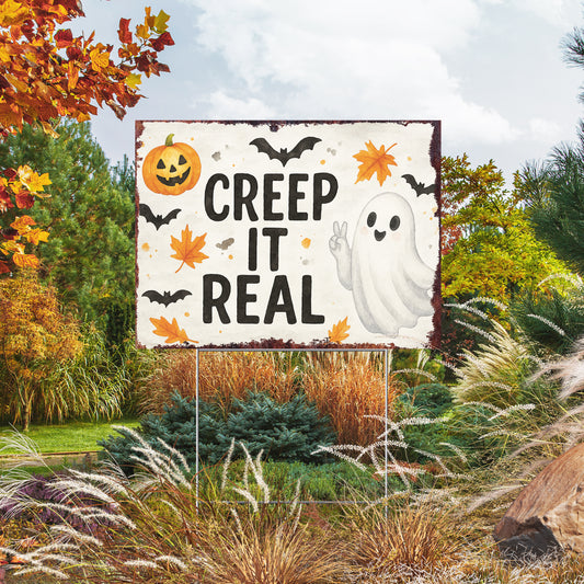 Creep It Real Halloween Garden Sign – Funny Ghost Yard Stake – UV Print Corrugated Plastic Outdoor Décor