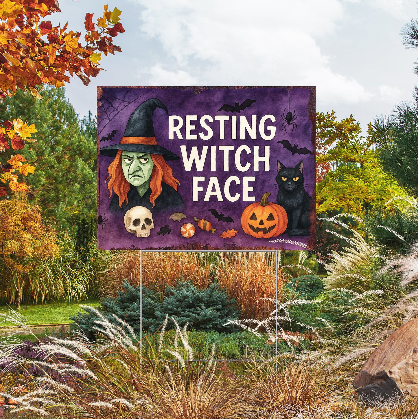 Resting Witch Face Halloween Garden Sign – Funny Yard Stake with Witch & Cat – UV Print Corrugated Plastic Outdoor Decor