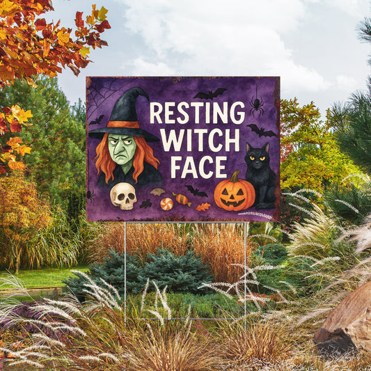 Resting Witch Face Halloween Garden Sign – Funny Yard Stake with Witch & Cat – UV Print Corrugated Plastic Outdoor Decor