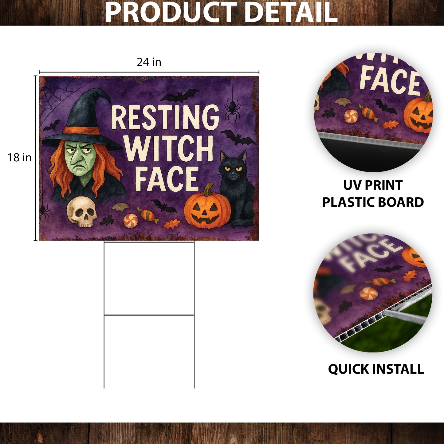 Resting Witch Face Halloween Garden Sign – Funny Yard Stake with Witch & Cat – UV Print Corrugated Plastic Outdoor Decor
