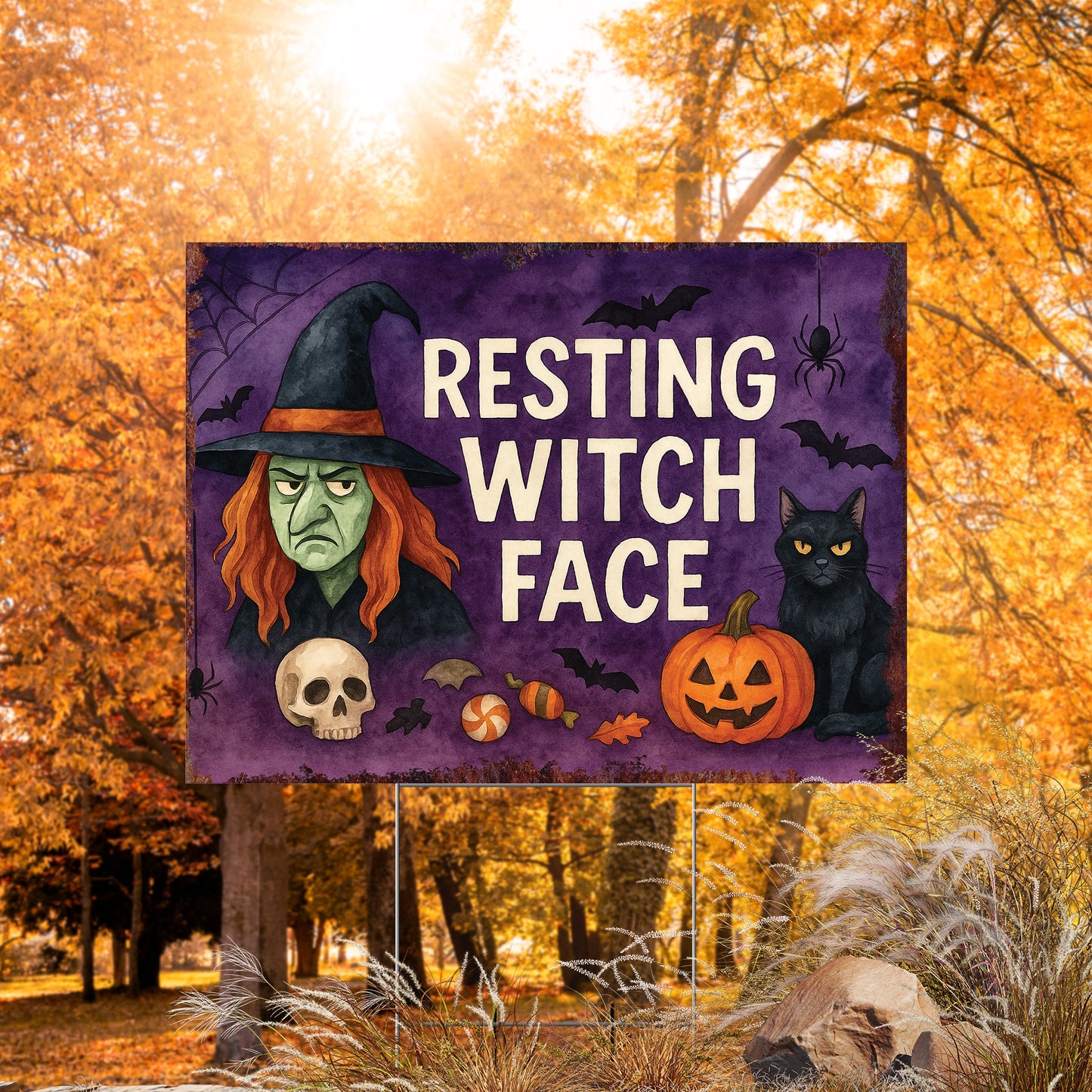 Resting Witch Face Halloween Garden Sign – Funny Yard Stake with Witch & Cat – UV Print Corrugated Plastic Outdoor Decor