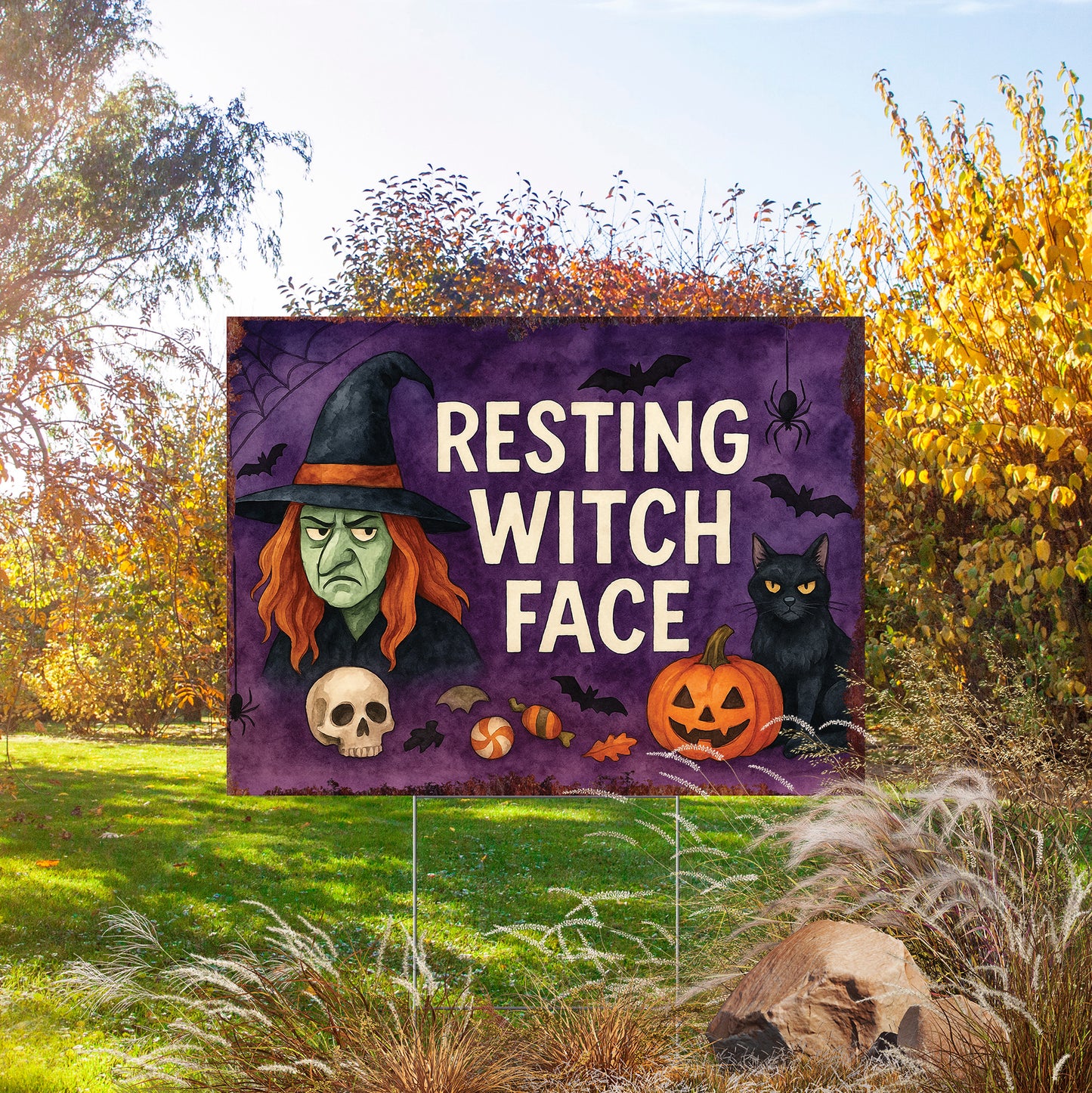 Resting Witch Face Halloween Garden Sign – Funny Yard Stake with Witch & Cat – UV Print Corrugated Plastic Outdoor Decor