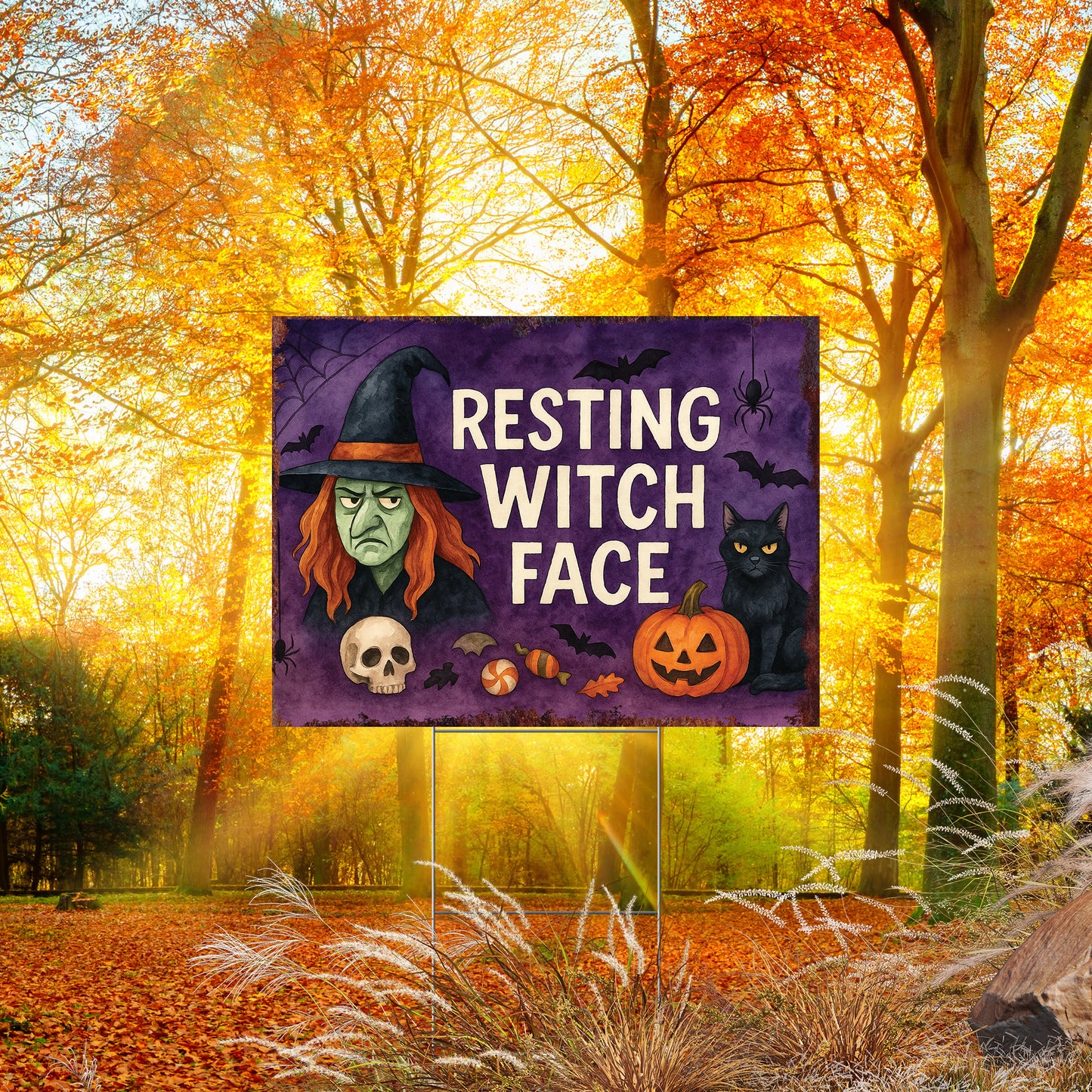 Resting Witch Face Halloween Garden Sign – Funny Yard Stake with Witch & Cat – UV Print Corrugated Plastic Outdoor Decor