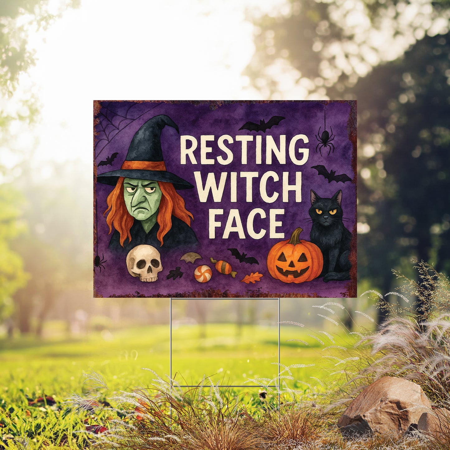 Resting Witch Face Halloween Garden Sign – Funny Yard Stake with Witch & Cat – UV Print Corrugated Plastic Outdoor Decor