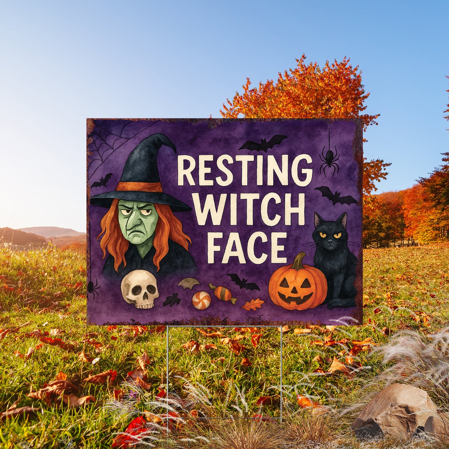 Resting Witch Face Halloween Garden Sign – Funny Yard Stake with Witch & Cat – UV Print Corrugated Plastic Outdoor Decor