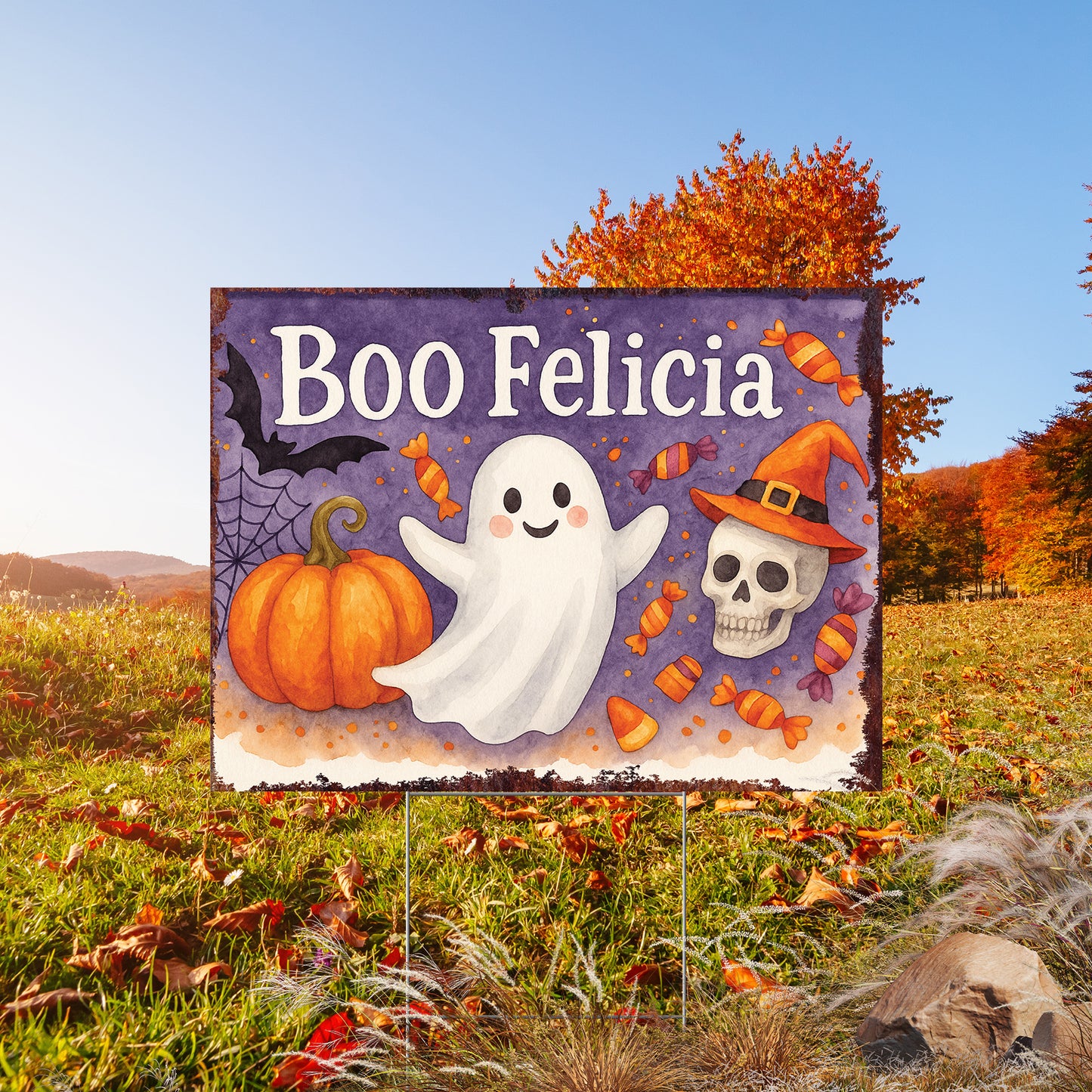 Boo Felicia Halloween Garden Sign – Funny Ghost Yard Stake – UV Print Corrugated Plastic Outdoor Halloween Decoration