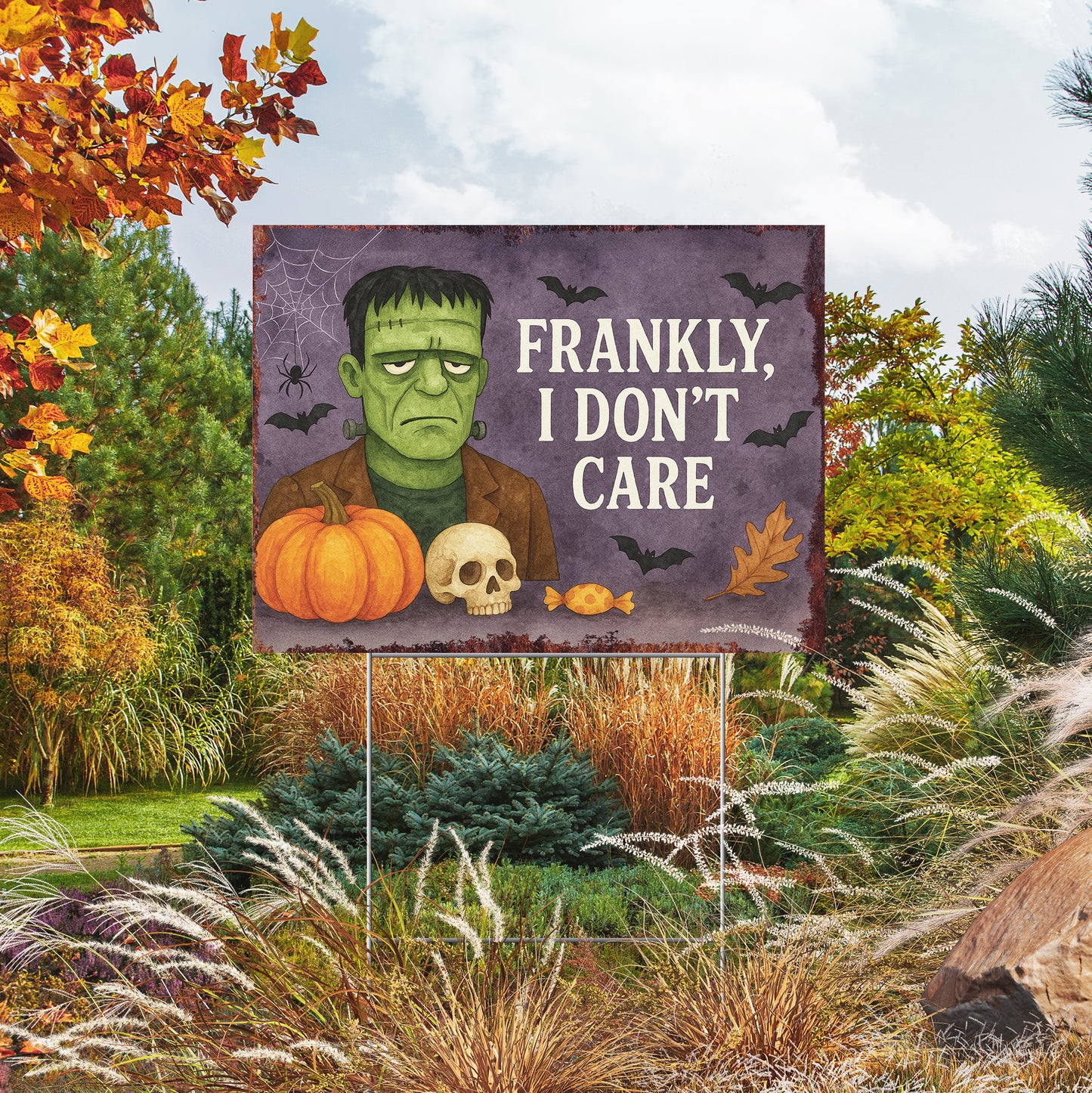 Frankly, I Don’t Care Halloween Garden Sign – Funny Frankenstein Yard Stake – UV Print Outdoor Décor