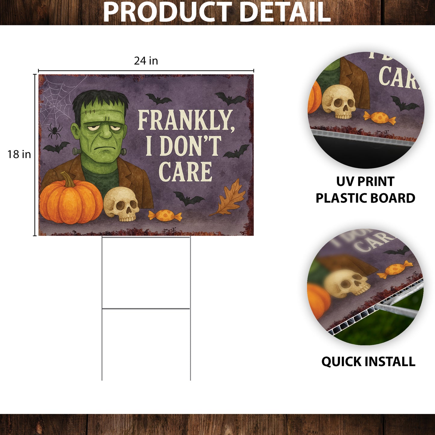 Frankly, I Don’t Care Halloween Garden Sign – Funny Frankenstein Yard Stake – UV Print Outdoor Décor
