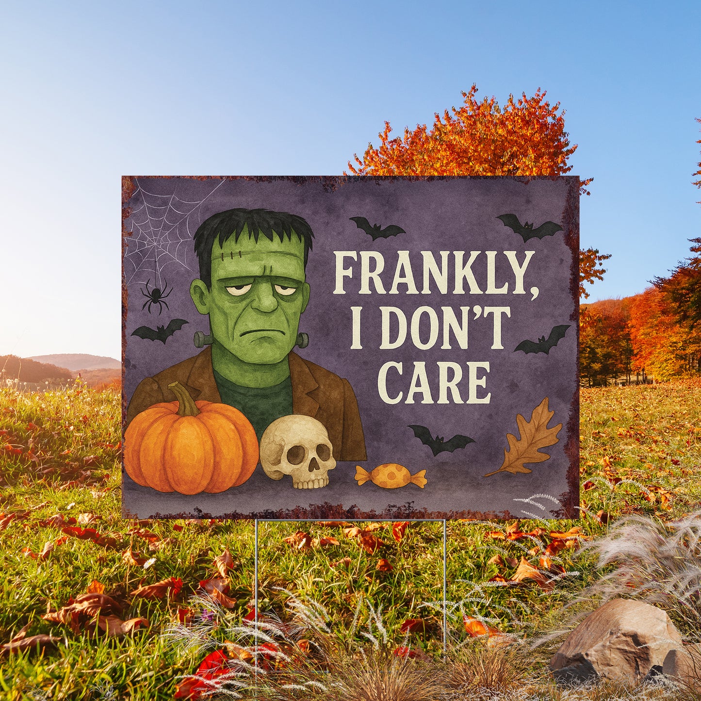 Frankly, I Don’t Care Halloween Garden Sign – Funny Frankenstein Yard Stake – UV Print Outdoor Décor