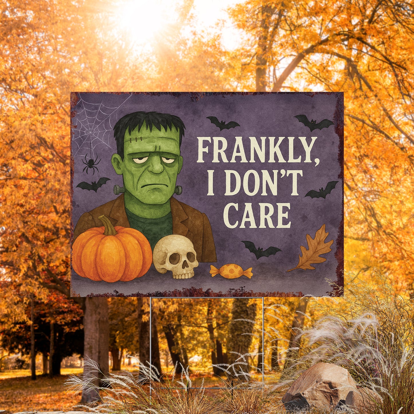 Frankly, I Don’t Care Halloween Garden Sign – Funny Frankenstein Yard Stake – UV Print Outdoor Décor