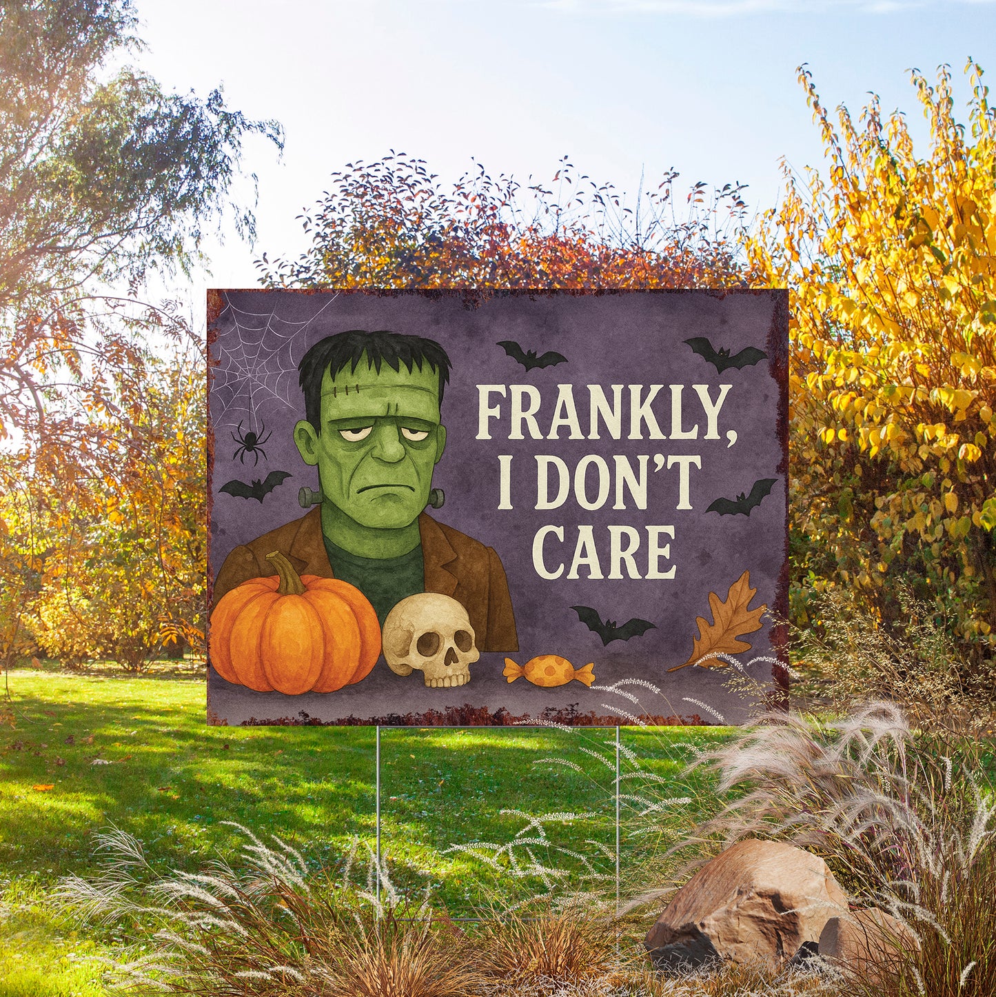 Frankly, I Don’t Care Halloween Garden Sign – Funny Frankenstein Yard Stake – UV Print Outdoor Décor