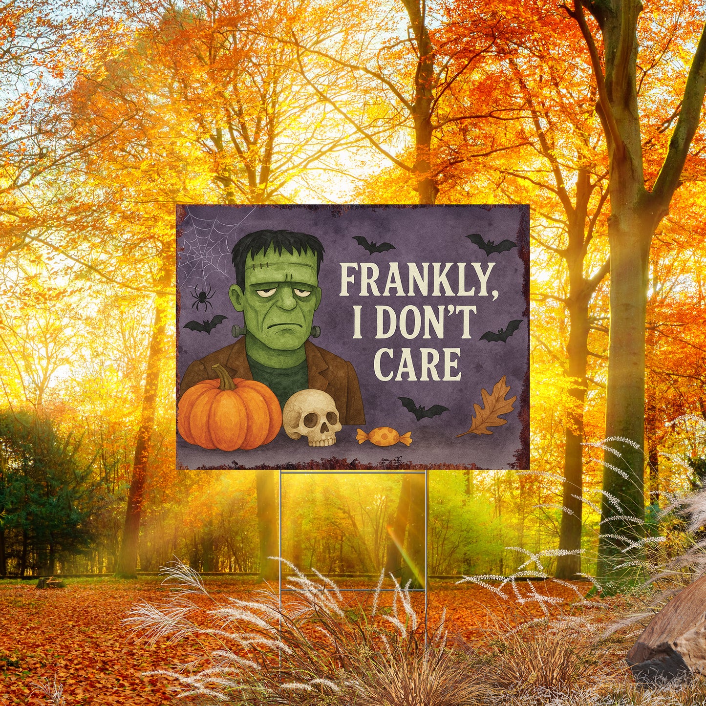 Frankly, I Don’t Care Halloween Garden Sign – Funny Frankenstein Yard Stake – UV Print Outdoor Décor