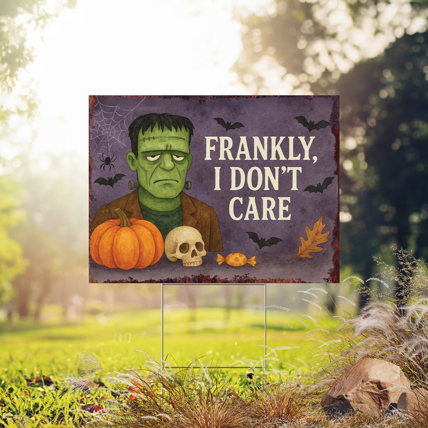 Frankly, I Don’t Care Halloween Garden Sign – Funny Frankenstein Yard Stake – UV Print Outdoor Décor